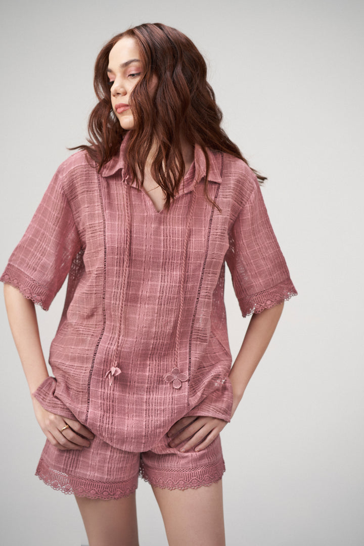 Cotton Pink Embroidered Split Neckline Tie Up String Half Sleeve Shirt For Women Ladies | Rosy Brown Cotton Guipure V-neck Top For Women