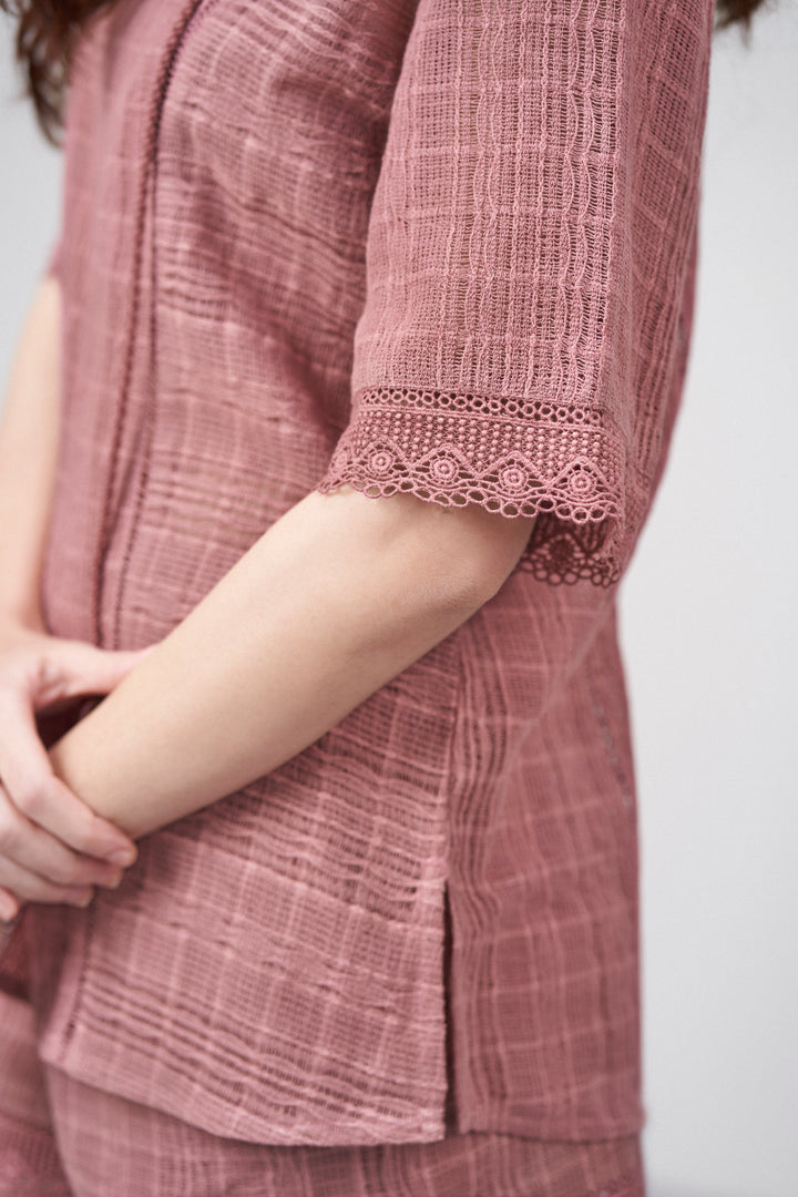 Cotton Pink Embroidered Split Neckline Tie Up String Half Sleeve Shirt For Women Ladies | Rosy Brown Cotton Guipure V-neck Top For Women