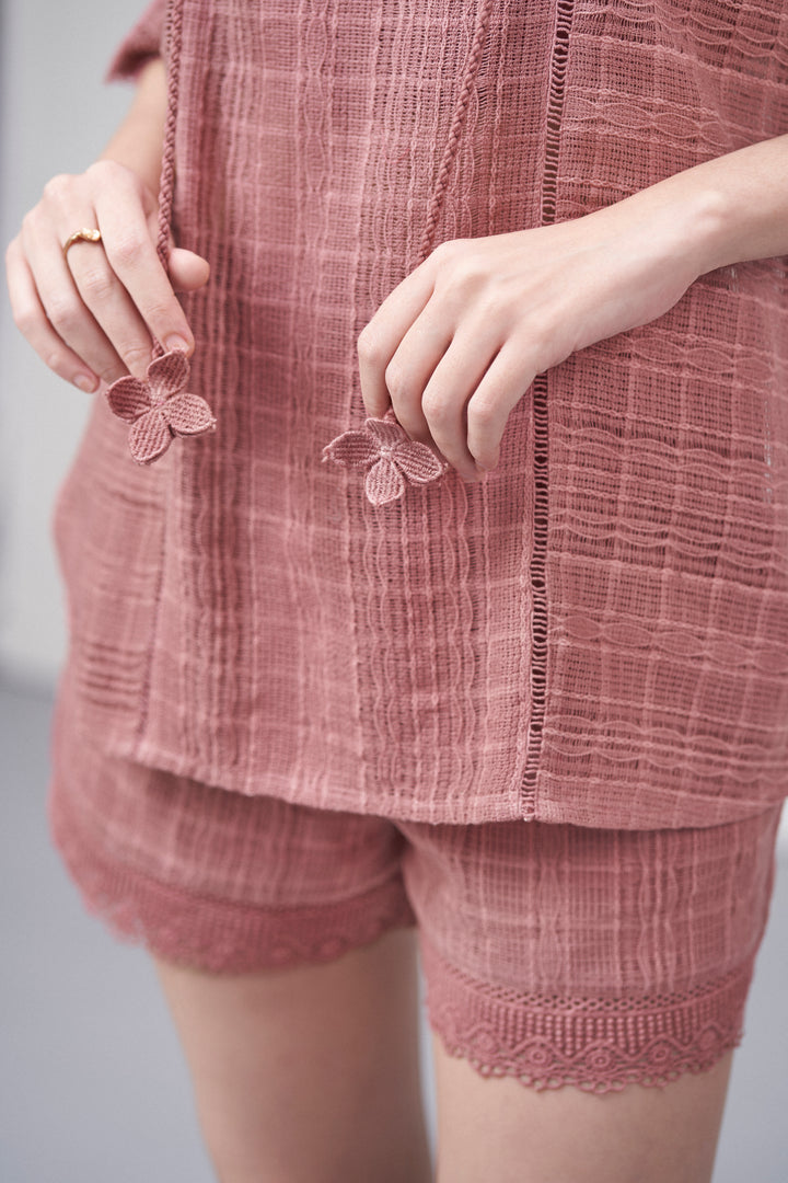 Cotton Pink Embroidered Split Neckline Tie Up String Half Sleeve Shirt For Women Ladies | Rosy Brown Cotton Guipure V-neck Top For Women