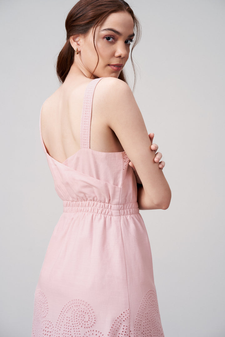 Cotton Square Neckline Spaghetti Straps Eyelet Cutwork Embroidery Scallop Hem Short Dress For Women Ladies Pink Color Side Model View | Blush Pink Cotton Eyelet Embroidered Dress – Scallop Hem | Eyelet Embroidery Scalloped Short Dress