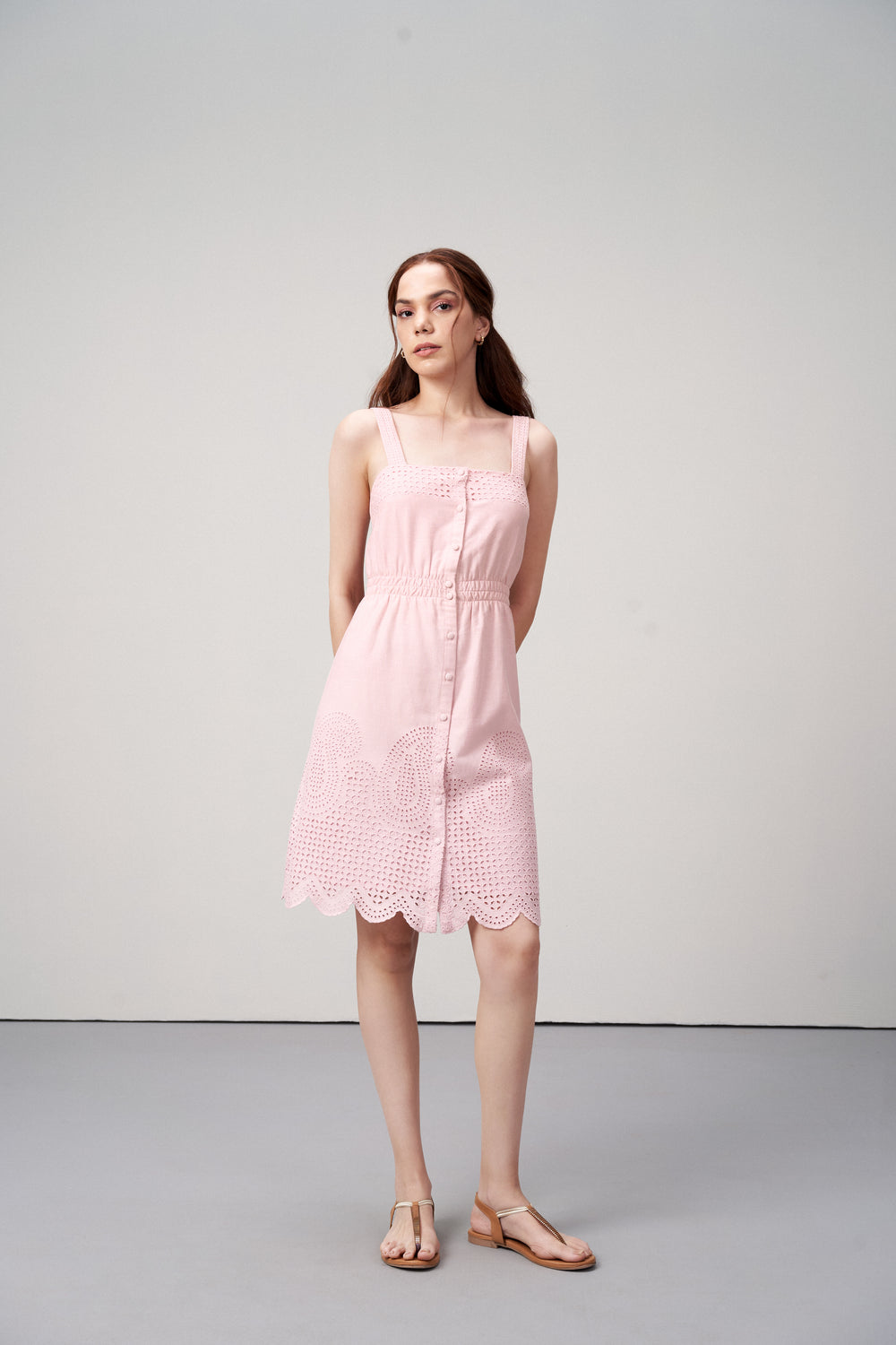 Cotton Square Neckline Spaghetti Straps Eyelet Cutwork Embroidery Scallop Hem Short Dress For Women Ladies Pink Color | Blush Pink Cotton Eyelet Embroidered Dress – Scallop Hem | Eyelet Embroidery Scalloped Short Dress