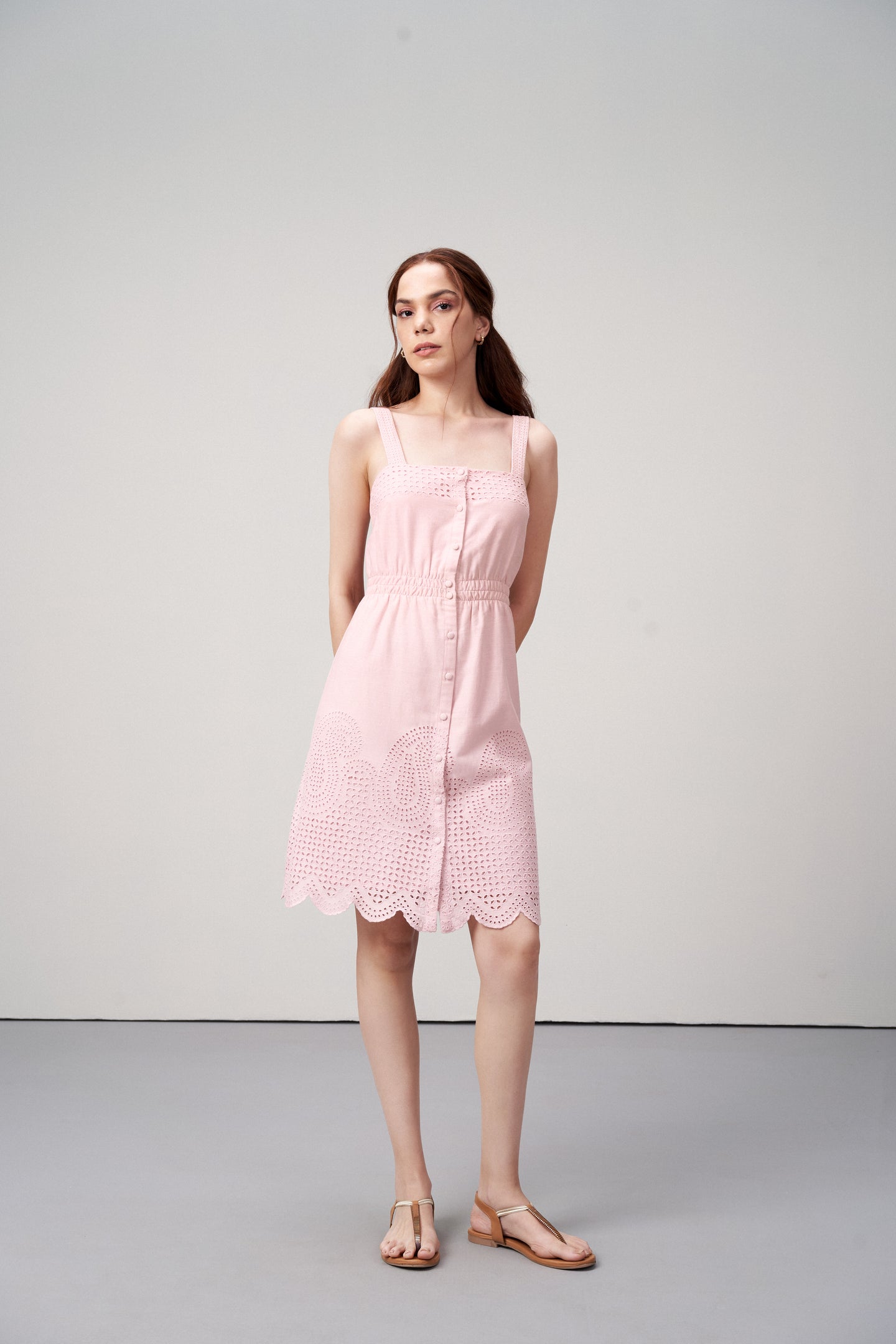 Cotton Square Neckline Spaghetti Straps Eyelet Cutwork Embroidery Scallop Hem Short Dress For Women Ladies Pink Color | Blush Pink Cotton Eyelet Embroidered Dress – Scallop Hem | Eyelet Embroidery Scalloped Short Dress