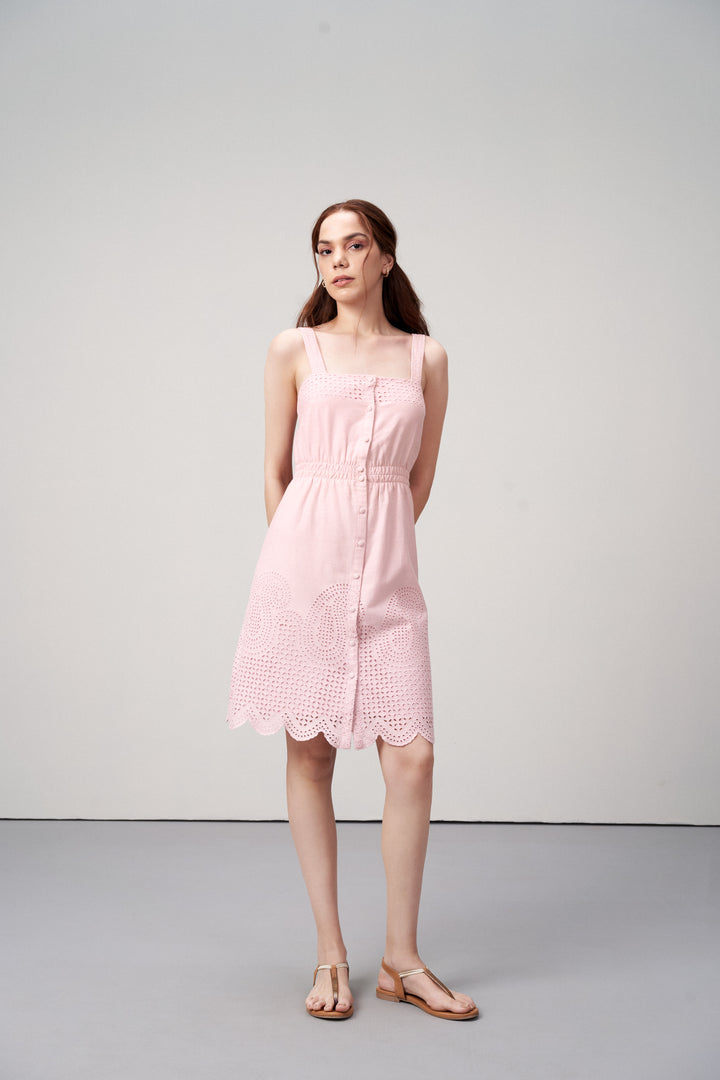 Cotton Square Neckline Spaghetti Straps Eyelet Cutwork Embroidery Scallop Hem Short Dress For Women Ladies Pink Color | Blush Pink Cotton Eyelet Embroidered Dress – Scallop Hem | Eyelet Embroidery Scalloped Short Dress