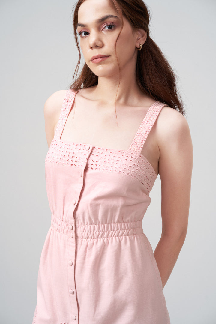 Cotton Square Neckline Spaghetti Straps Eyelet Cutwork Embroidery Scallop Hem Short Dress For Women Ladies Pink Color Side Close-up Model View | Blush Pink Cotton Eyelet Embroidered Dress – Scallop Hem | Eyelet Embroidery Scalloped Short Dress