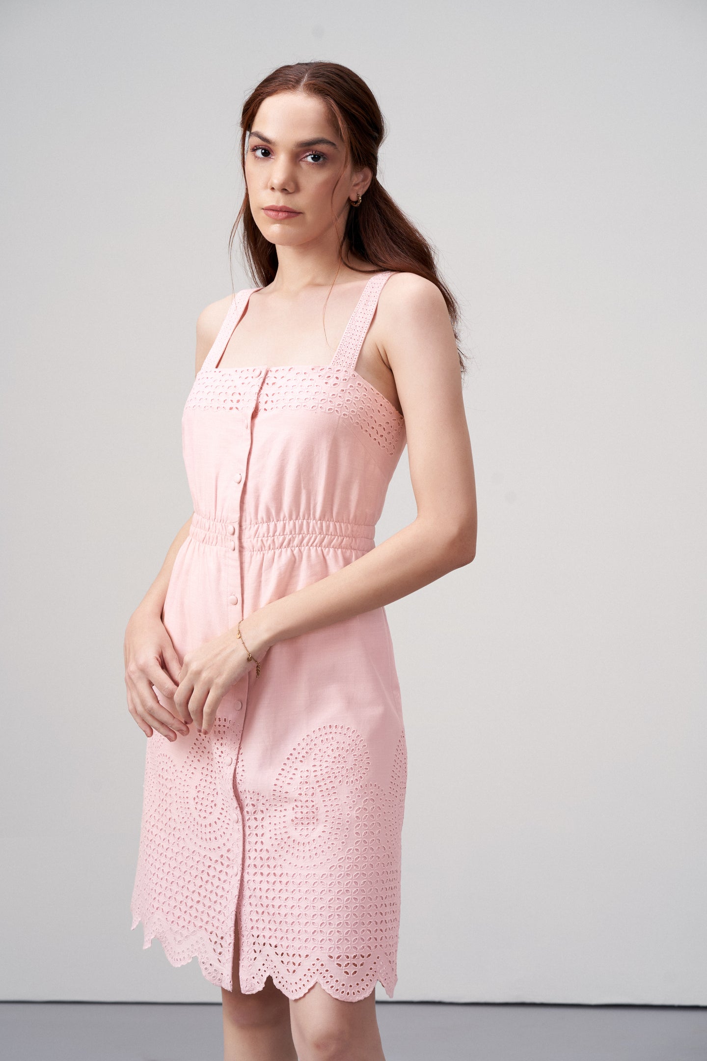 Cotton Square Neckline Spaghetti Straps Eyelet Cutwork Embroidery Scallop Hem Short Dress For Women Ladies Pink Color Front Model View | Blush Pink Cotton Eyelet Embroidered Dress – Scallop Hem | Eyelet Embroidery Scalloped Short Dress