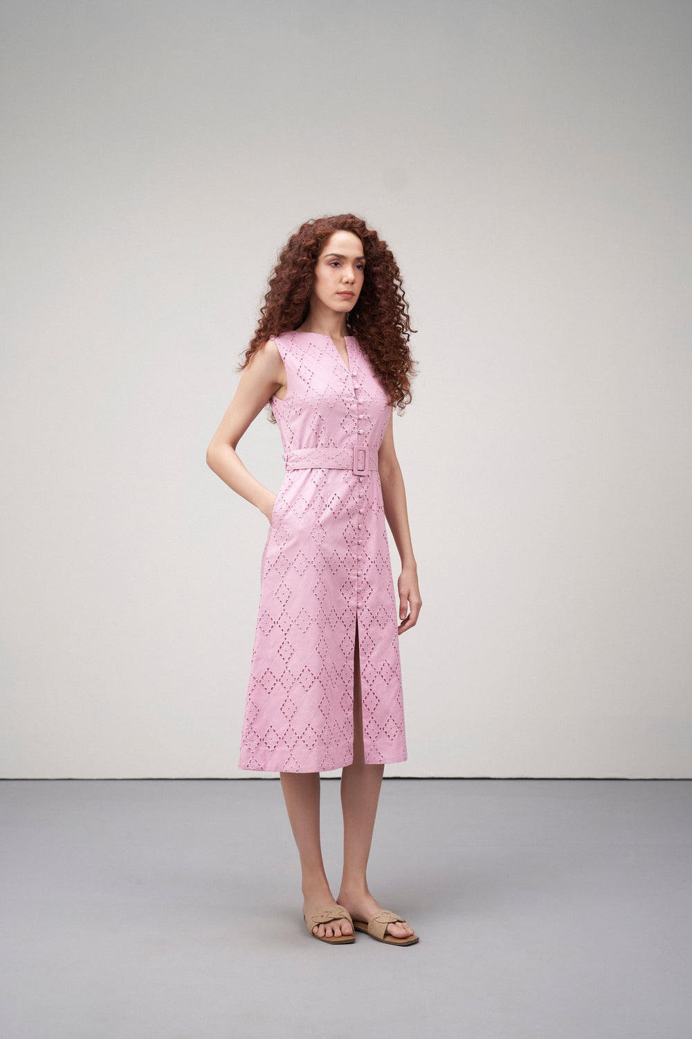 Cotton Embroidered Eyelet Split Neck Sleeveless Dress For Women Ladies Pink Green Color Side Model View | Women's Pink Cotton Sleeveless Relaxed Fit Eyelet Cutwork Dress