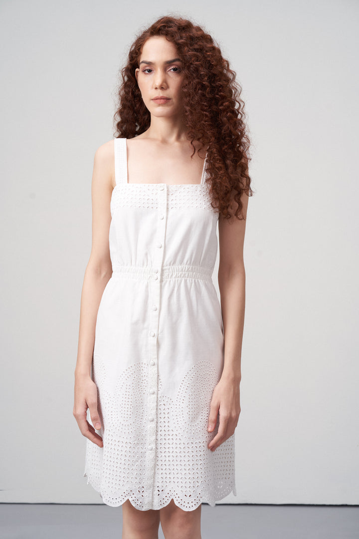 Cotton Square Neckline Spaghetti Straps Eyelet Cutwork Embroidery Scallop Hem Short Dress For Women Ladies White Color Front Model View | White Cotton Eyelet Embroidered Dress – Scallop Hem | Eyelet Embroidery Scalloped Short Dress