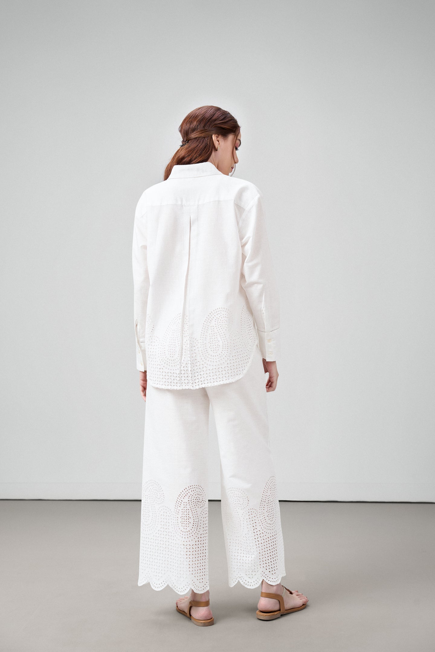 women pants white embroidery eyelet cutwork high rise scallop white trousers back view