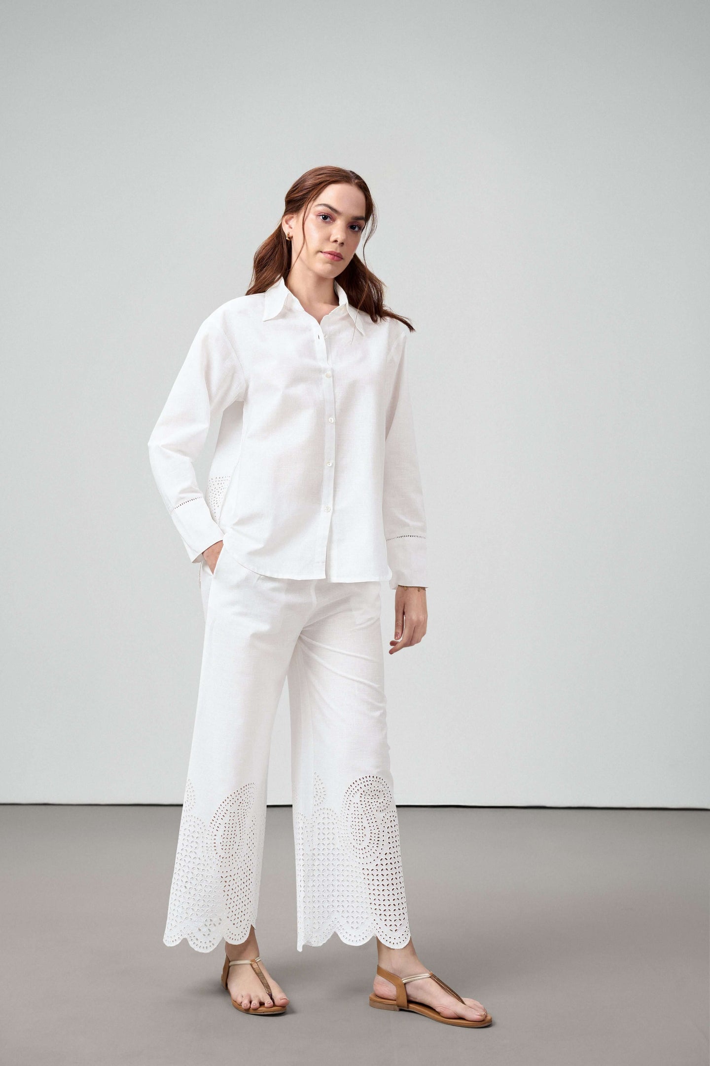 Women Shirt Classic Long Sleeve Button-up Eyelet Embroidery White Color Shirt For Ladies | White Eyelet Embroidered Cotton Shirt For Women – Long Sleeve & Breathable