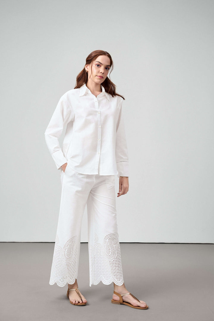 Women Shirt Classic Long Sleeve Button-up Eyelet Embroidery White Color Shirt For Ladies | White Eyelet Embroidered Cotton Shirt For Women – Long Sleeve & Breathable