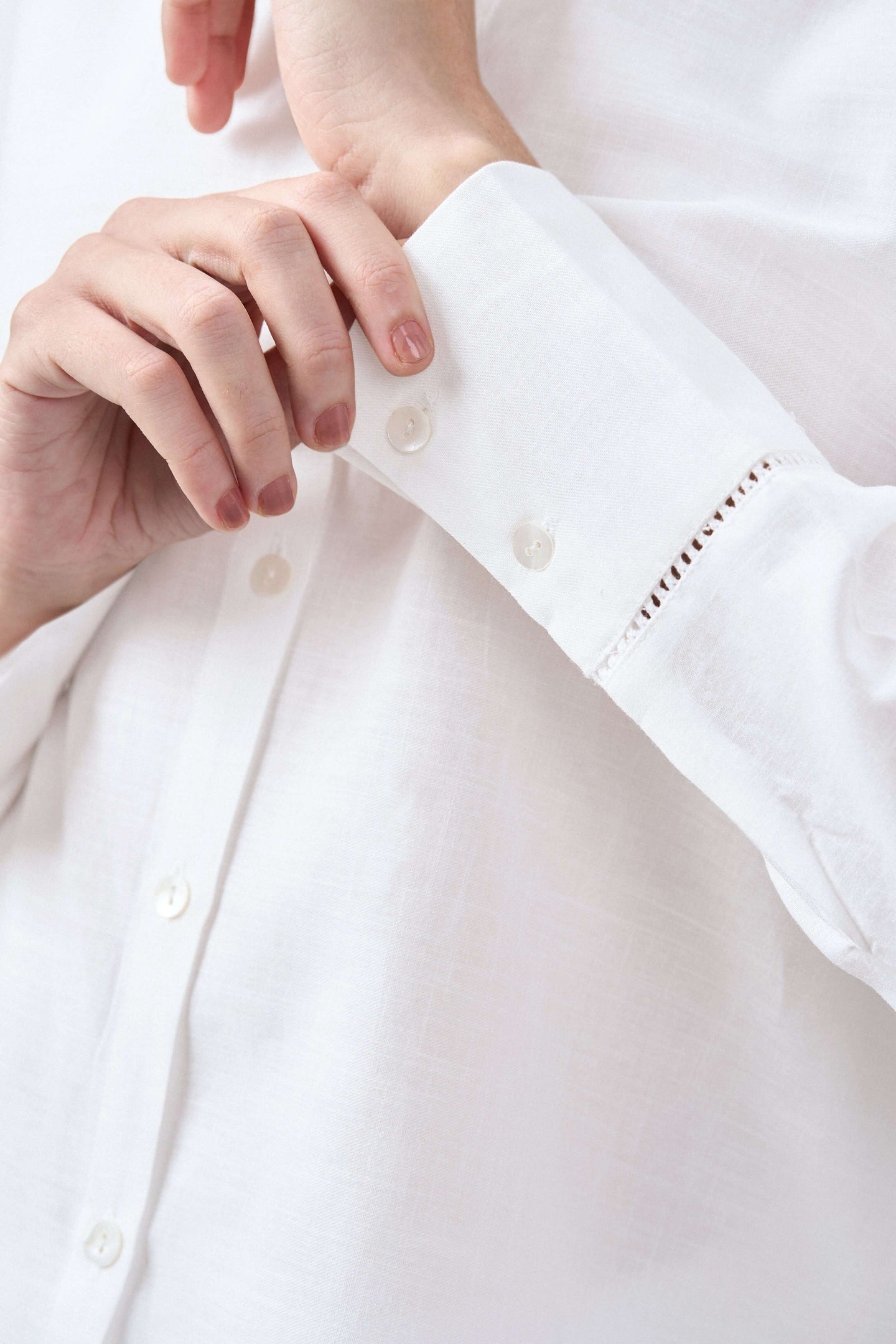 Women Shirt Classic Long Sleeve Button-up Eyelet Embroidery White Color Shirt For Ladies Model Sleeve View | White Eyelet Embroidered Cotton Shirt For Women – Long Sleeve & Breathable