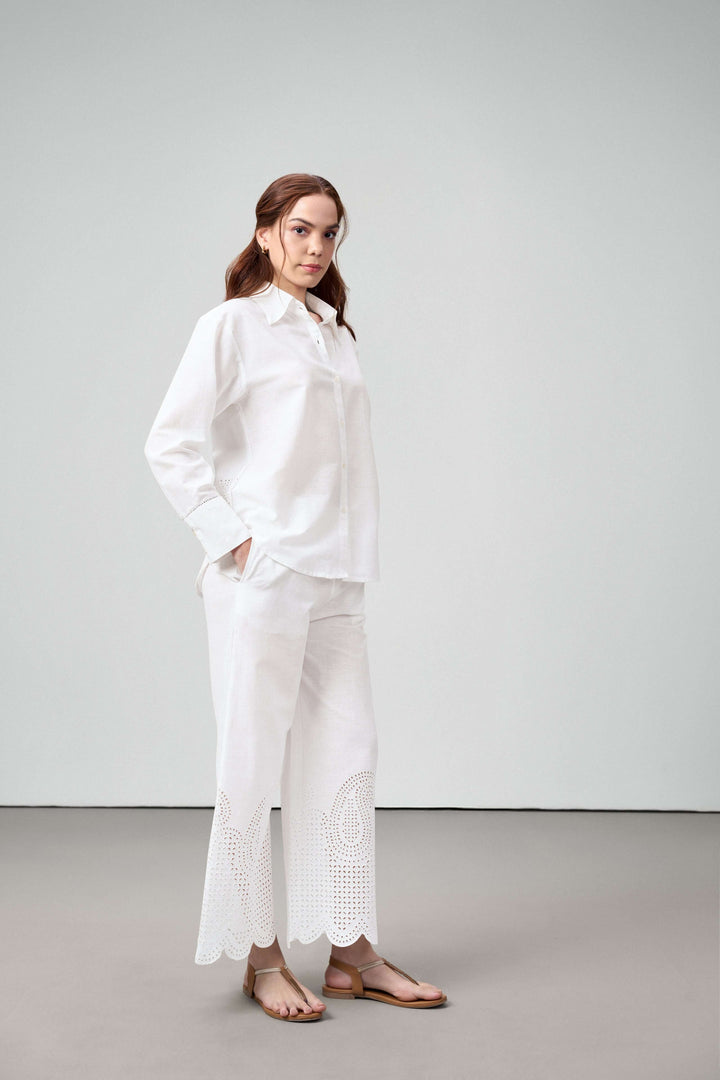 Women Shirt Classic Long Sleeve Button-up Eyelet Embroidery White Color Shirt For Ladies | White Eyelet Embroidered Cotton Shirt For Women – Long Sleeve & Breathable