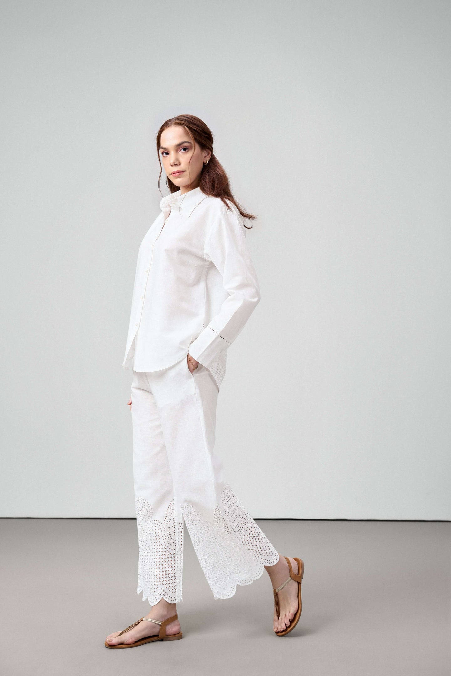 Women Shirt Classic Long Sleeve Button-up Eyelet Embroidery White Color Shirt For Ladies Model Right View | White Eyelet Embroidered Cotton Shirt For Women – Long Sleeve & Breathable