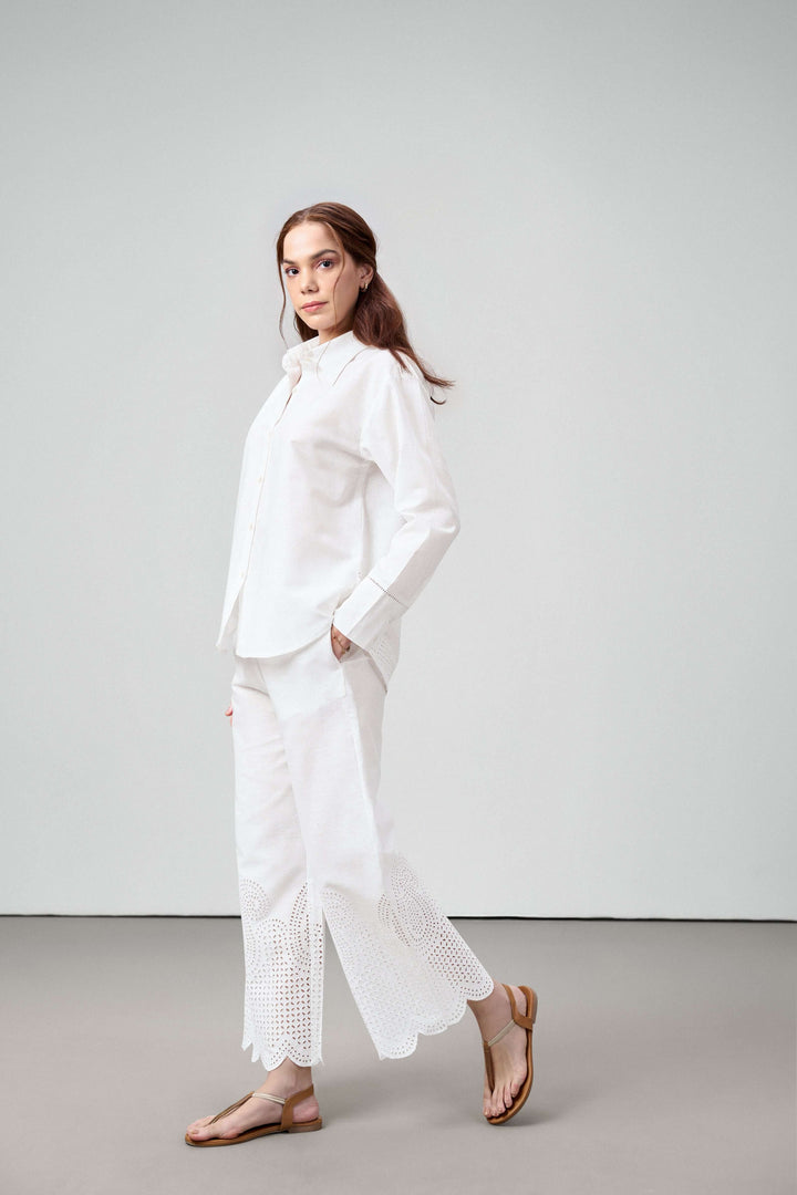 Women Shirt Classic Long Sleeve Button-up Eyelet Embroidery White Color Shirt For Ladies Model Right View | White Eyelet Embroidered Cotton Shirt For Women – Long Sleeve & Breathable