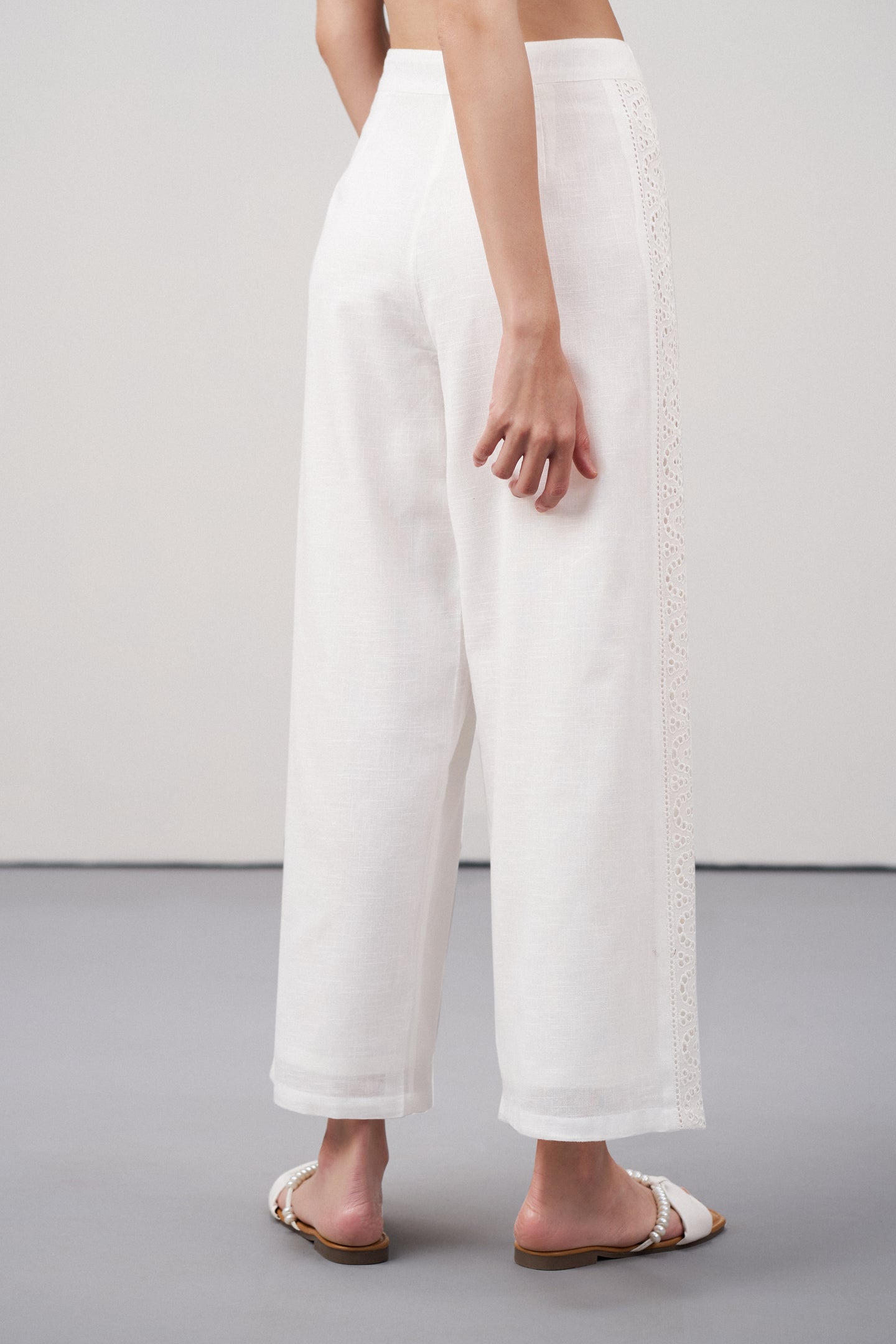 Women Pants Cotton Embroidery Straight Comfortable Fit White Color Ladies Trousers | White Lace Trim Trousers For Women | Women's Pants | Back Right Side View Lace Trim Trousers