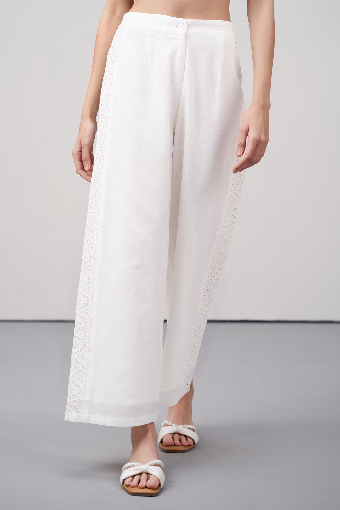 Women Pants Cotton Embroidery Straight Comfortable Fit White Color Ladies Trousers | White Lace Trim Trousers For Women | Women's Pants | Front View Lace Trim Trousers