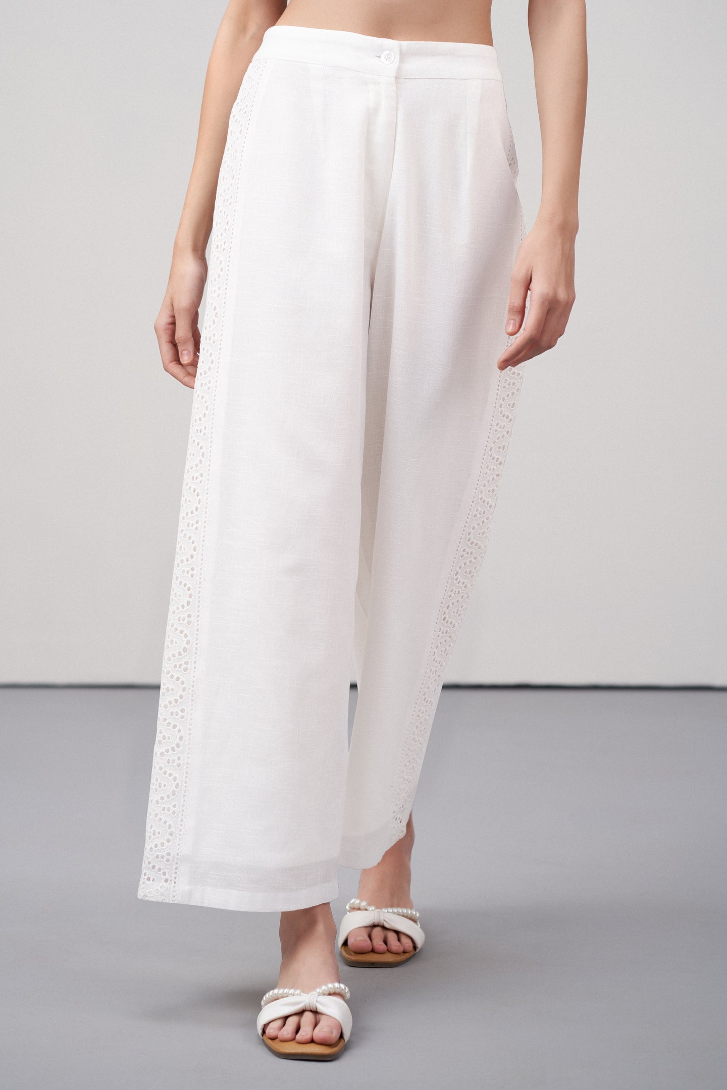 Women Pants Cotton Embroidery Straight Comfortable Fit White Color Ladies Trousers | White Lace Trim Trousers For Women | Women's Pants | Front View Lace Trim Trousers