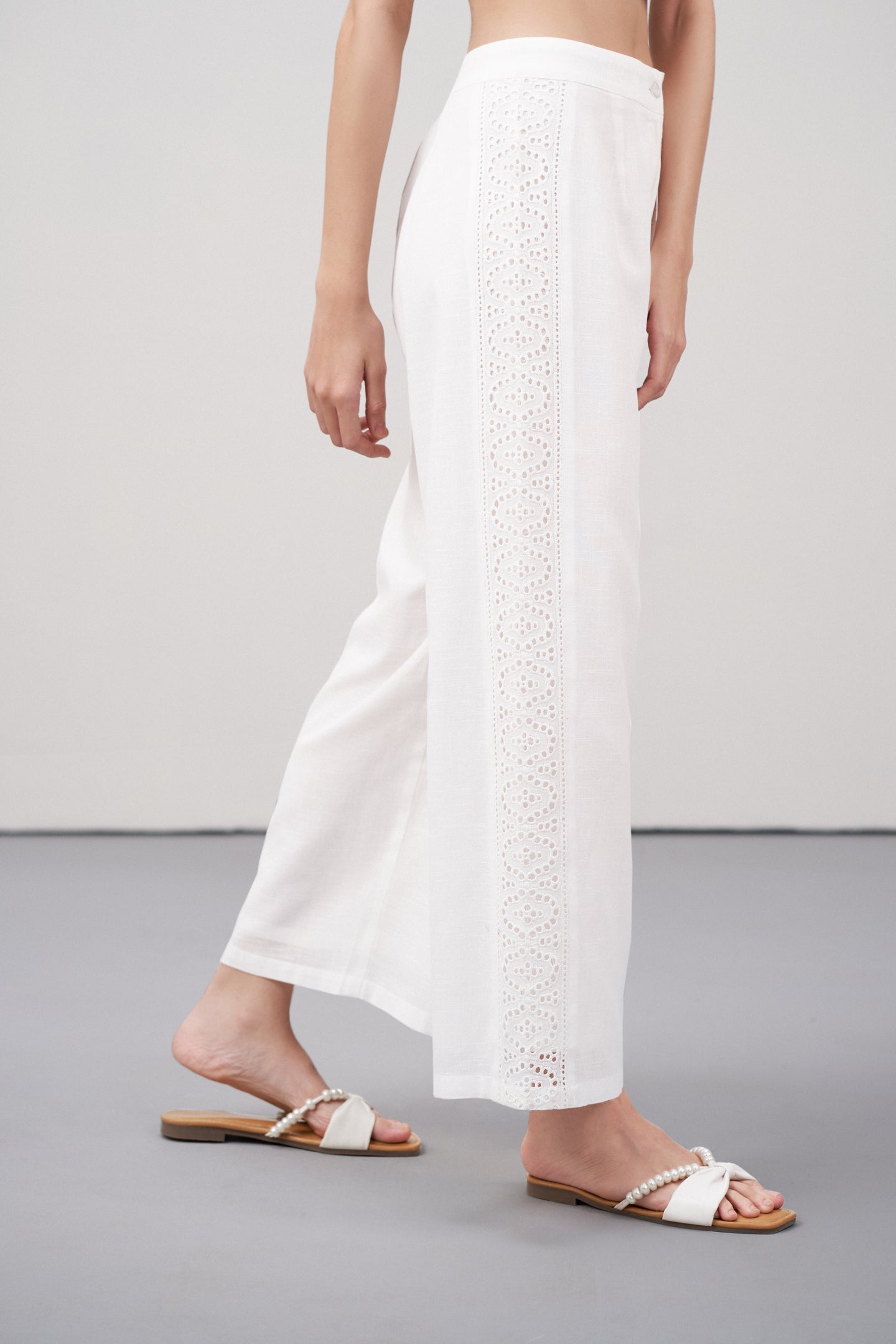 Women Pants Cotton Embroidery Straight Comfortable Fit White Color Ladies Trousers | White Lace Trim Trousers For Women | Women's Pants | Right Side View Lace Trim Trousers