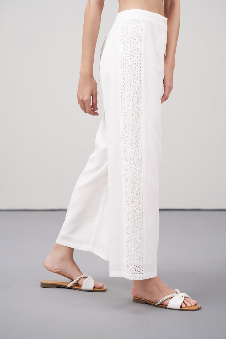 Women Pants Cotton Embroidery Straight Comfortable Fit White Color Ladies Trousers | White Lace Trim Trousers For Women | Women's Pants | Right Side View Lace Trim Trousers