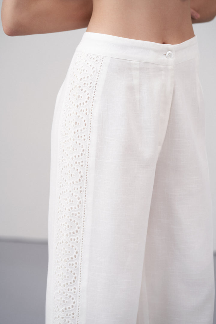 Women Pants Cotton Embroidery Straight Comfortable Fit White Color Ladies Trousers | White Lace Trim Trousers For Women | Women's Pants | Fornt Closed Side View Lace Trim Trousers