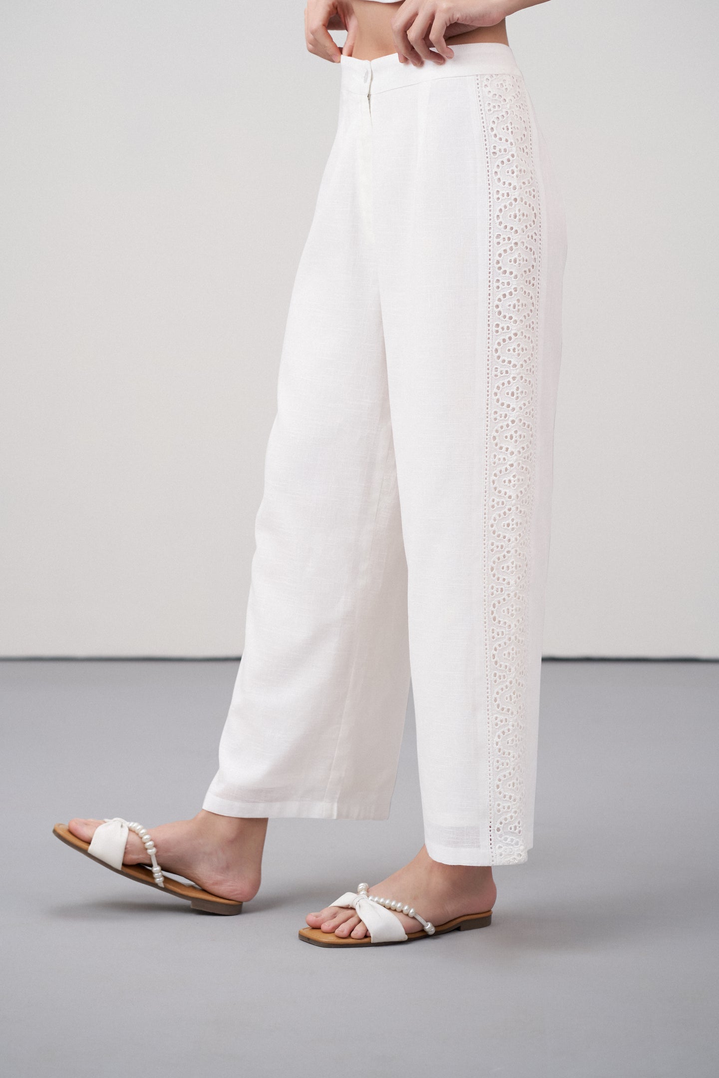 Women Pants Cotton Embroidery Straight Comfortable Fit White Color Ladies Trousers | White Lace Trim Trousers For Women | Women's Pants | Left Side View Lace Trim Trousers
