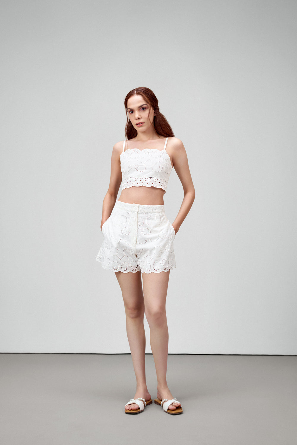 Cotton Eyelet Embroidery Embroidered Cutwork Zip Button Shorts For Women Ladies White Color Model View  | Women's High-waist White Eyelet Cutwork Embroidery Shorts