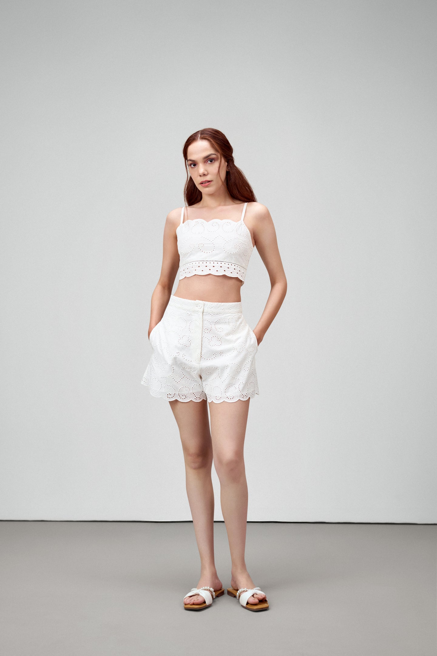 Cotton Eyelet Embroidery Embroidered Cutwork Zip Button Shorts For Women Ladies White Color Model View  | Women's High-waist White Eyelet Cutwork Embroidery Shorts