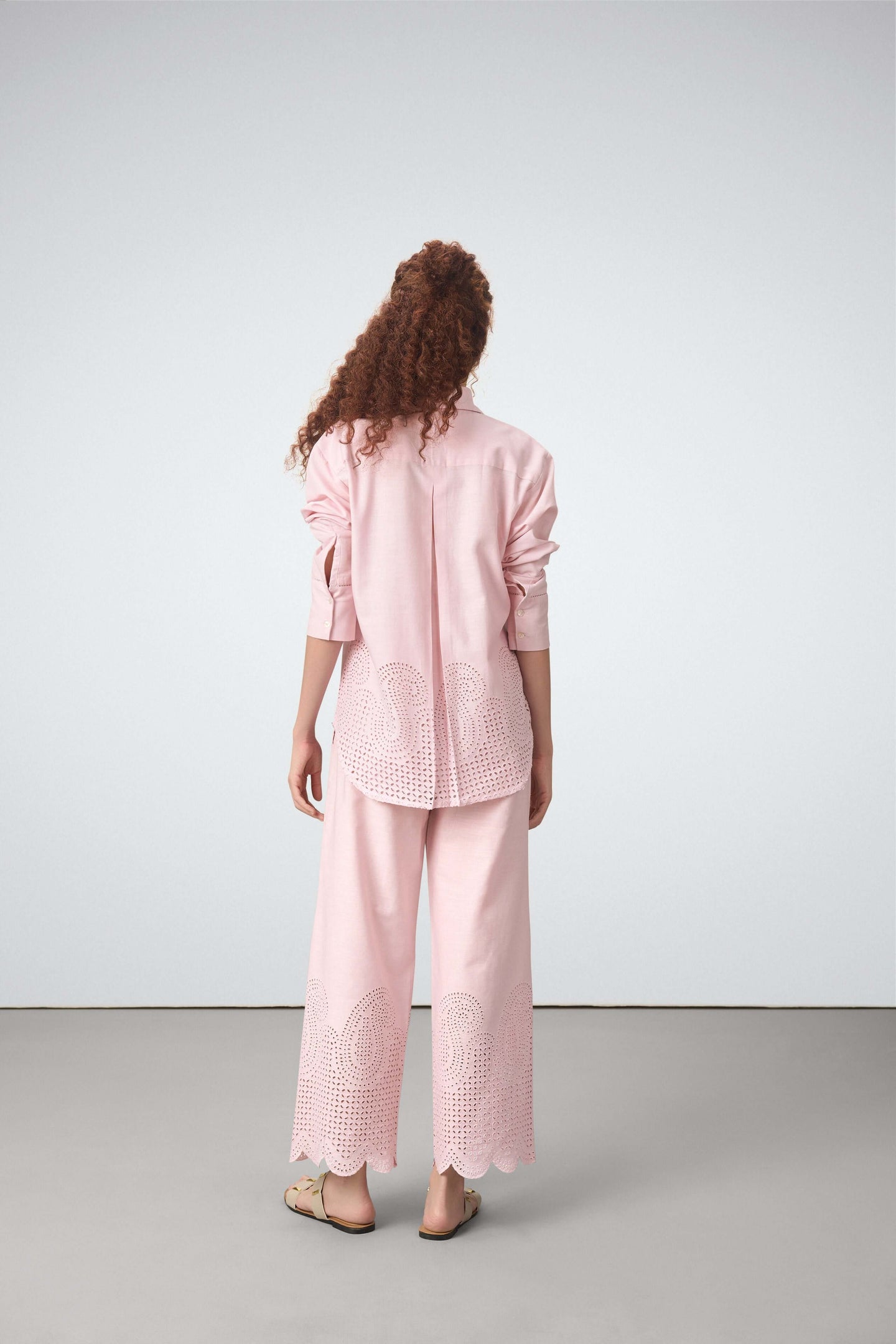 Women Shirt Classic Long Sleeve Button-up Eyelet Embroidery Pink Color Shirt For Ladies Back View  | Pink Eyelet Embroidered Cotton Shirt For Women – Long Sleeve & Breathable