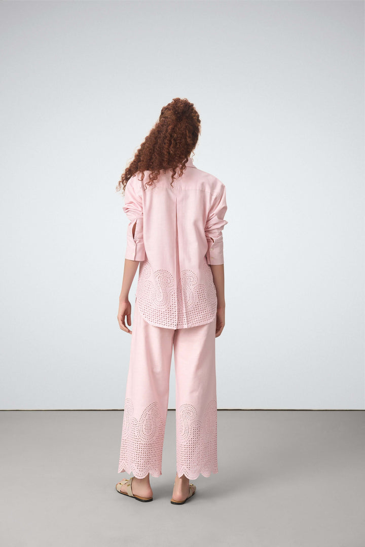 Women Shirt Classic Long Sleeve Button-up Eyelet Embroidery Pink Color Shirt For Ladies Back View  | Pink Eyelet Embroidered Cotton Shirt For Women – Long Sleeve & Breathable