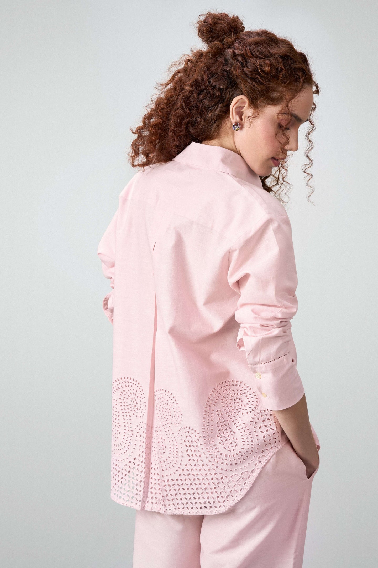 Women Shirt Classic Long Sleeve Button-up Eyelet Embroidery Pink Color Shirt For Ladies | Pink Eyelet Embroidered Cotton Shirt For Women – Long Sleeve & Breathable