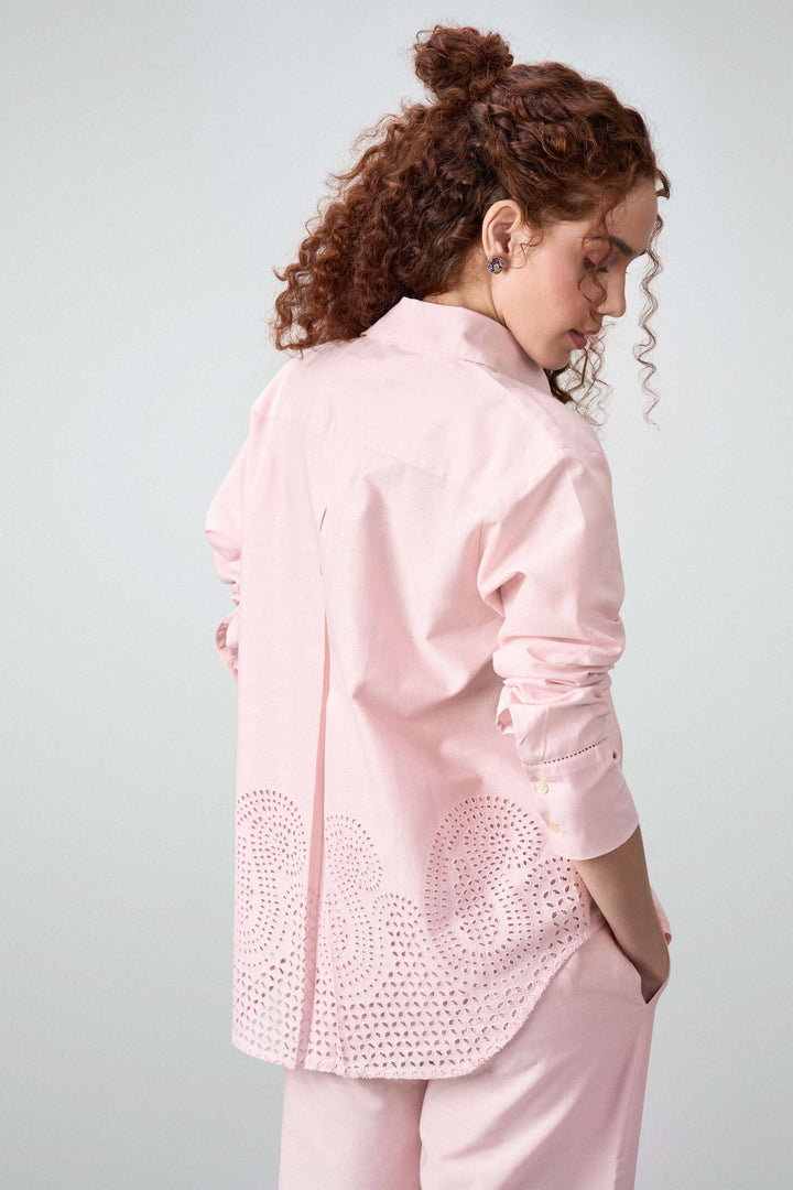 Women Shirt Classic Long Sleeve Button-up Eyelet Embroidery Pink Color Shirt For Ladies | Pink Eyelet Embroidered Cotton Shirt For Women – Long Sleeve & Breathable