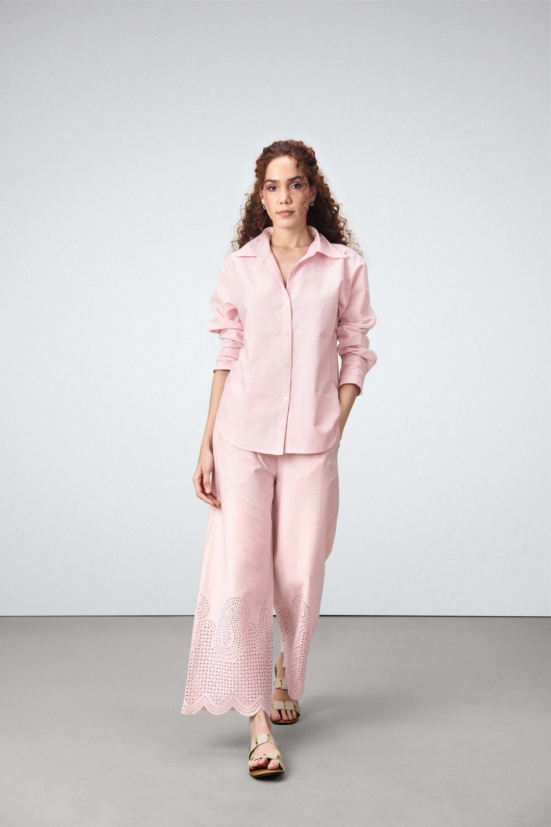 Women Shirt Classic Long Sleeve Button-up Eyelet Embroidery Pink Color Shirt For Ladies | Pink Eyelet Embroidered Cotton Shirt For Women – Long Sleeve & Breathable