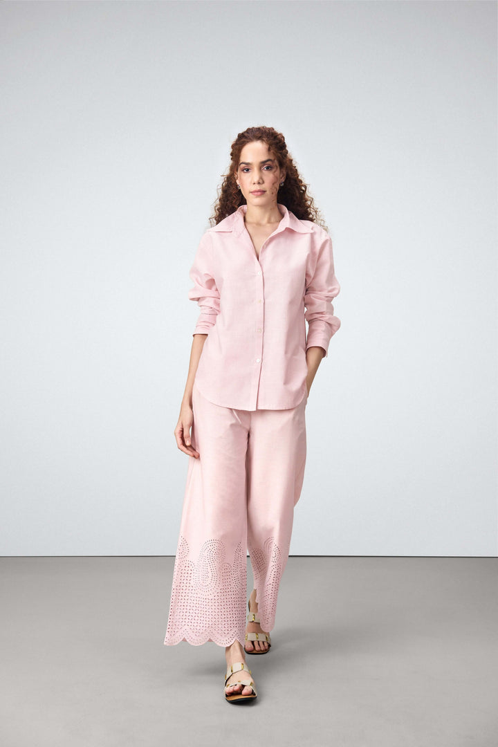 Women Shirt Classic Long Sleeve Button-up Eyelet Embroidery Pink Color Shirt For Ladies | Pink Eyelet Embroidered Cotton Shirt For Women – Long Sleeve & Breathable