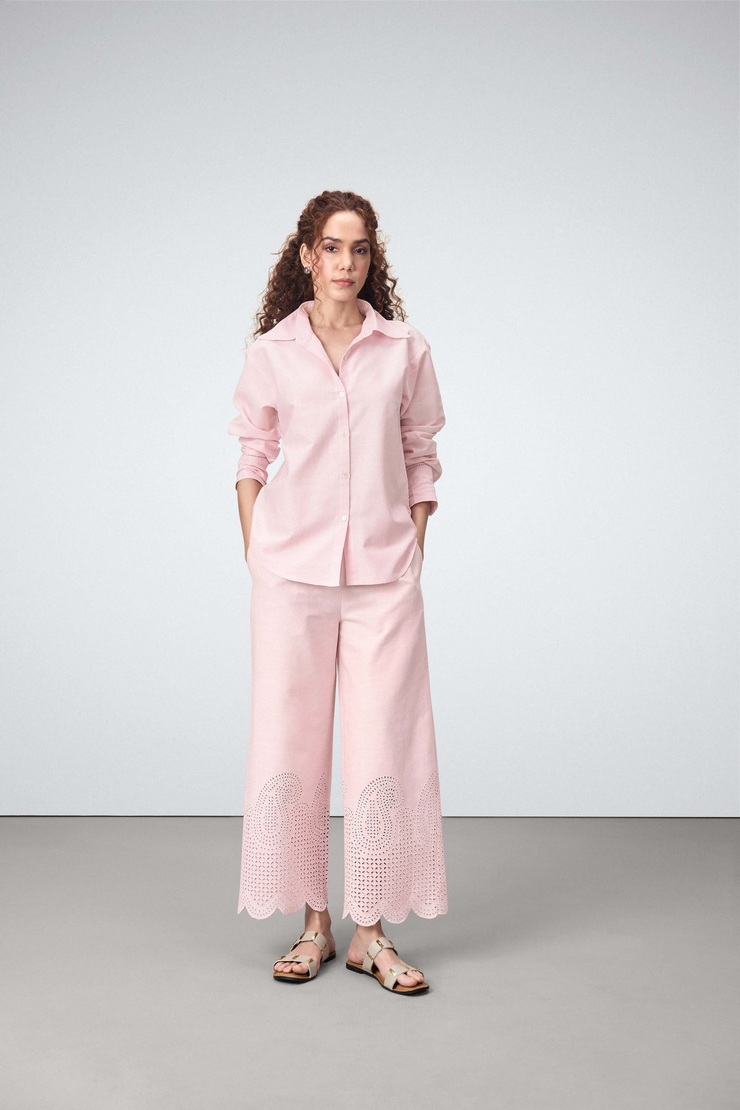 Women Shirt Classic Long Sleeve Button-up Eyelet Embroidery Pink Color Shirt For Ladies Model Front View | Pink Eyelet Embroidered Cotton Shirt For Women – Long Sleeve & Breathable