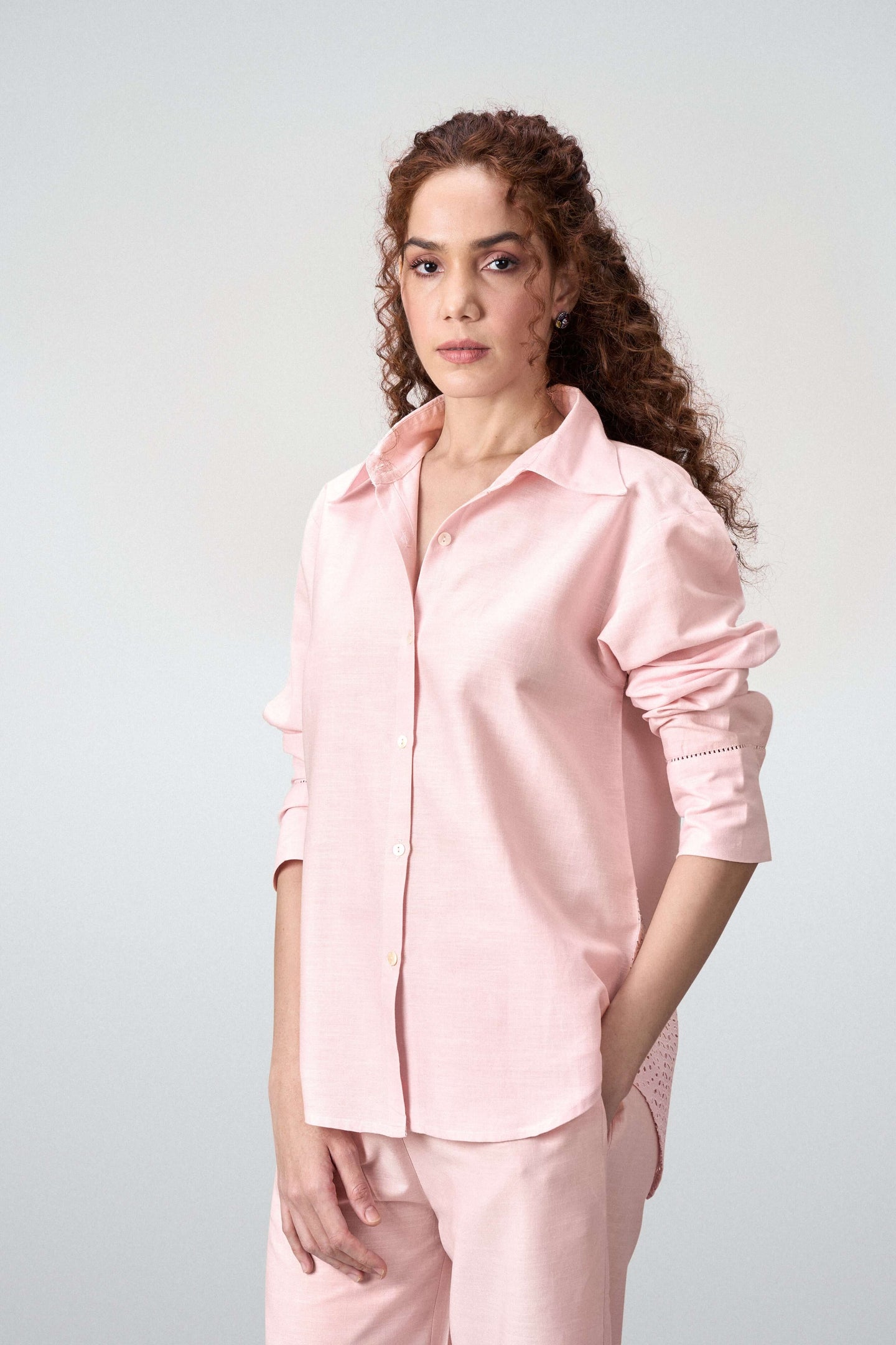 Women Shirt Classic Long Sleeve Button-up Eyelet Embroidery Pink Color Shirt For Ladies | Pink Eyelet Embroidered Cotton Shirt For Women – Long Sleeve & Breathable