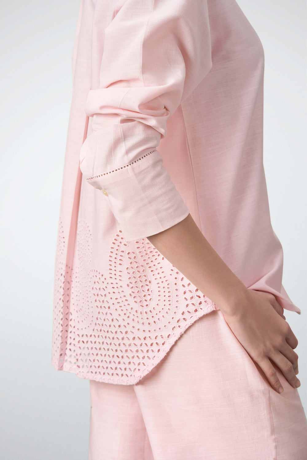 Women Shirt Classic Long Sleeve Button-up Eyelet Embroidery Pink Color Shirt For Ladies  | Pink Eyelet Embroidered Cotton Shirt For Women – Long Sleeve & Breathable