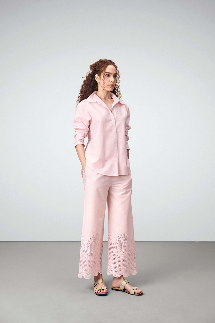 Women Shirt Classic Long Sleeve Button-up Eyelet Embroidery Pink Color Shirt For Ladies Side Model View  | Pink Eyelet Embroidered Cotton Shirt For Women – Long Sleeve & Breathable