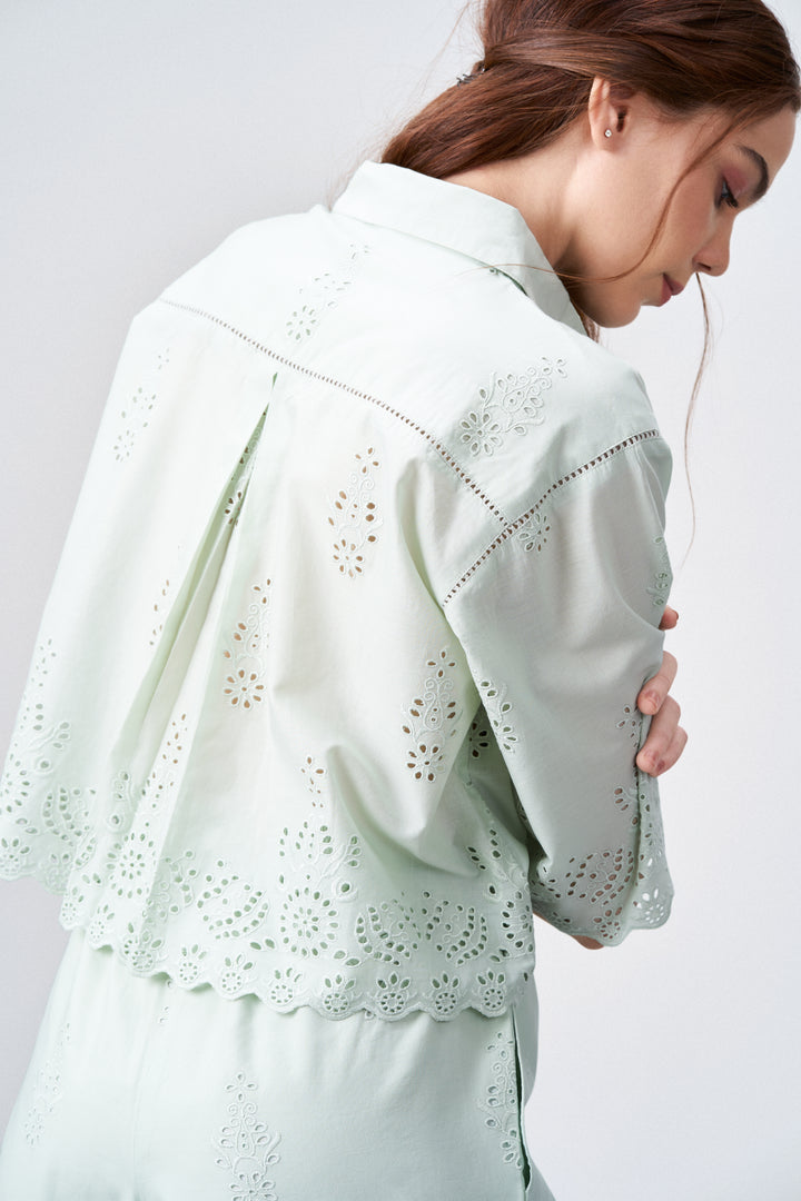 Cotton Cutwork Embroidery Scallop Sleeve Hem White Color Crop Short Sleeve Shirt For Ladies Women | Light Green Cotton Eyelet Embroidered Crop Shirt For Women