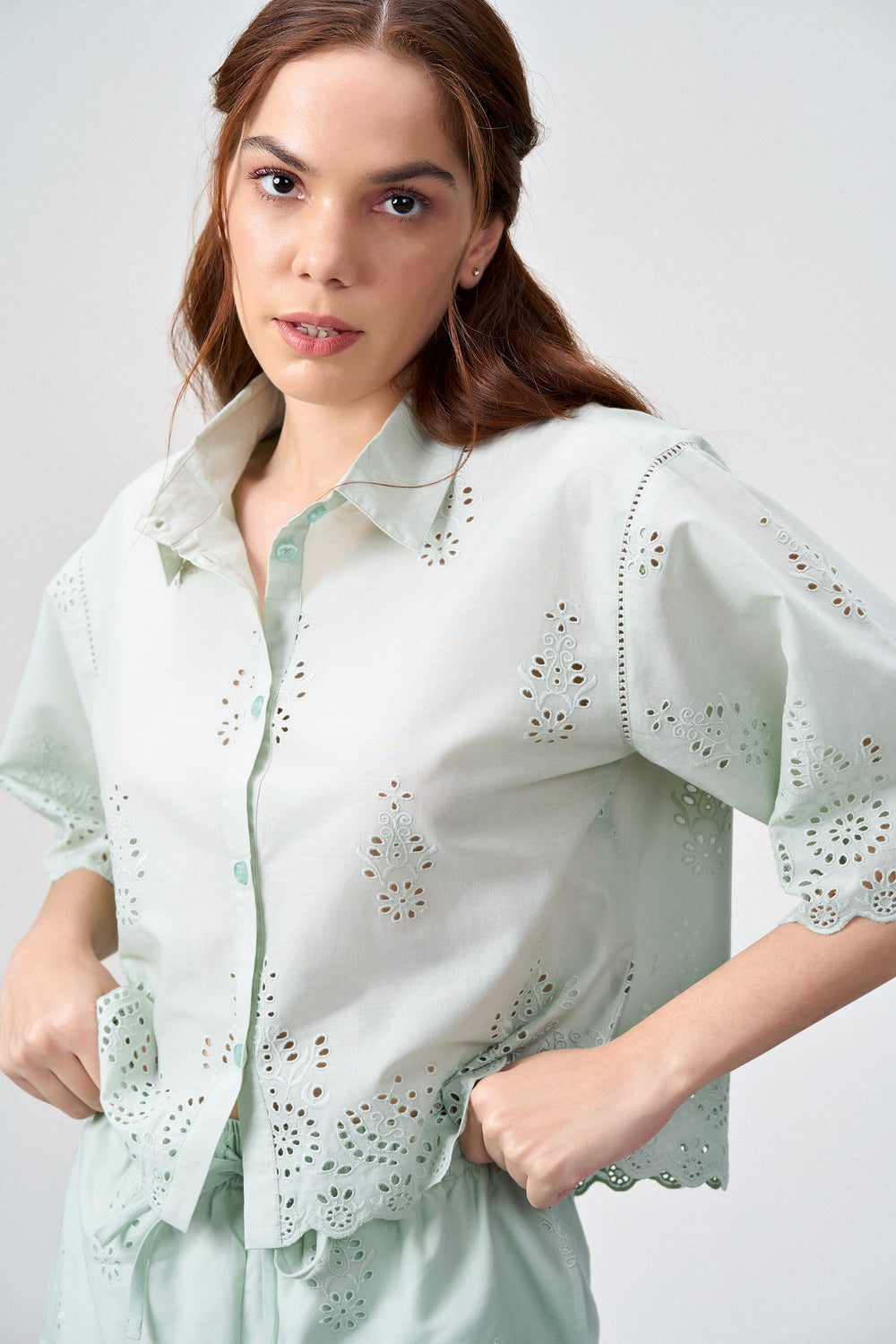Cotton Cutwork Embroidery Scallop Sleeve Hem Green Short Sleeve Shirt For Ladies Women | Light Green Cotton Eyelet Embroidered Crop Shirt For Women