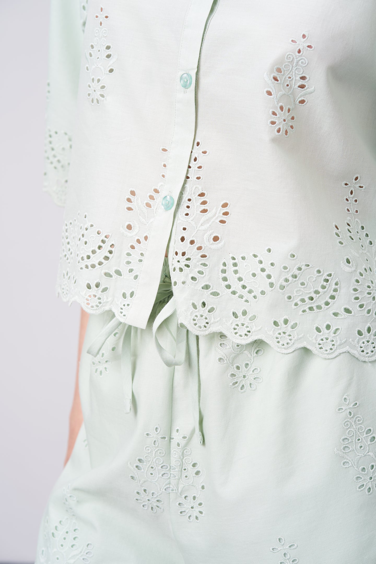 Cotton Cutwork Embroidery Scallop Sleeve Hem Green Crop Short Sleeve For Ladies Women Close Hem View | Light Green Cotton Eyelet Embroidered Crop Shirt For Women