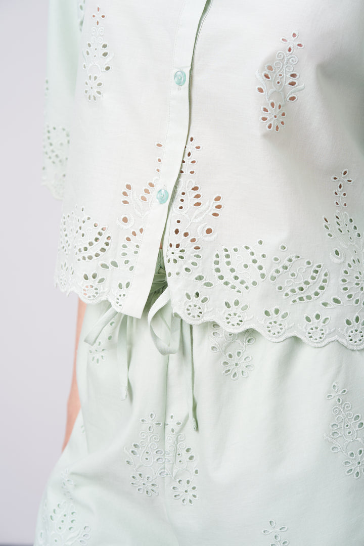 Cotton Cutwork Embroidery Scallop Sleeve Hem Green Crop Short Sleeve For Ladies Women Close Hem View | Light Green Cotton Eyelet Embroidered Crop Shirt For Women