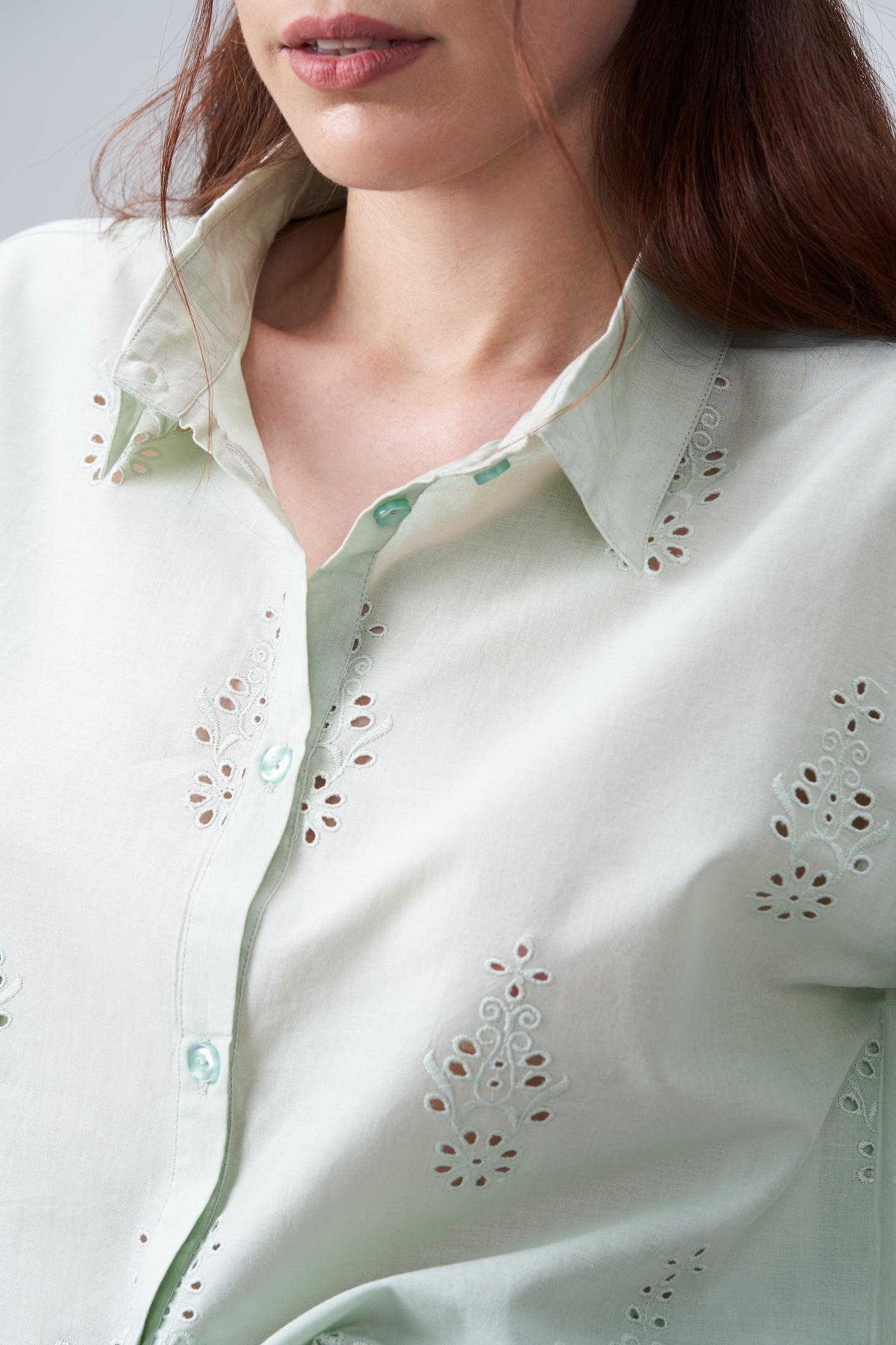 Cotton Cutwork Embroidery Scallop Sleeve Hem Green Short Sleeve For Ladies Women Close Up View | Light Green Cotton Eyelet Embroidered Crop Shirt For Women