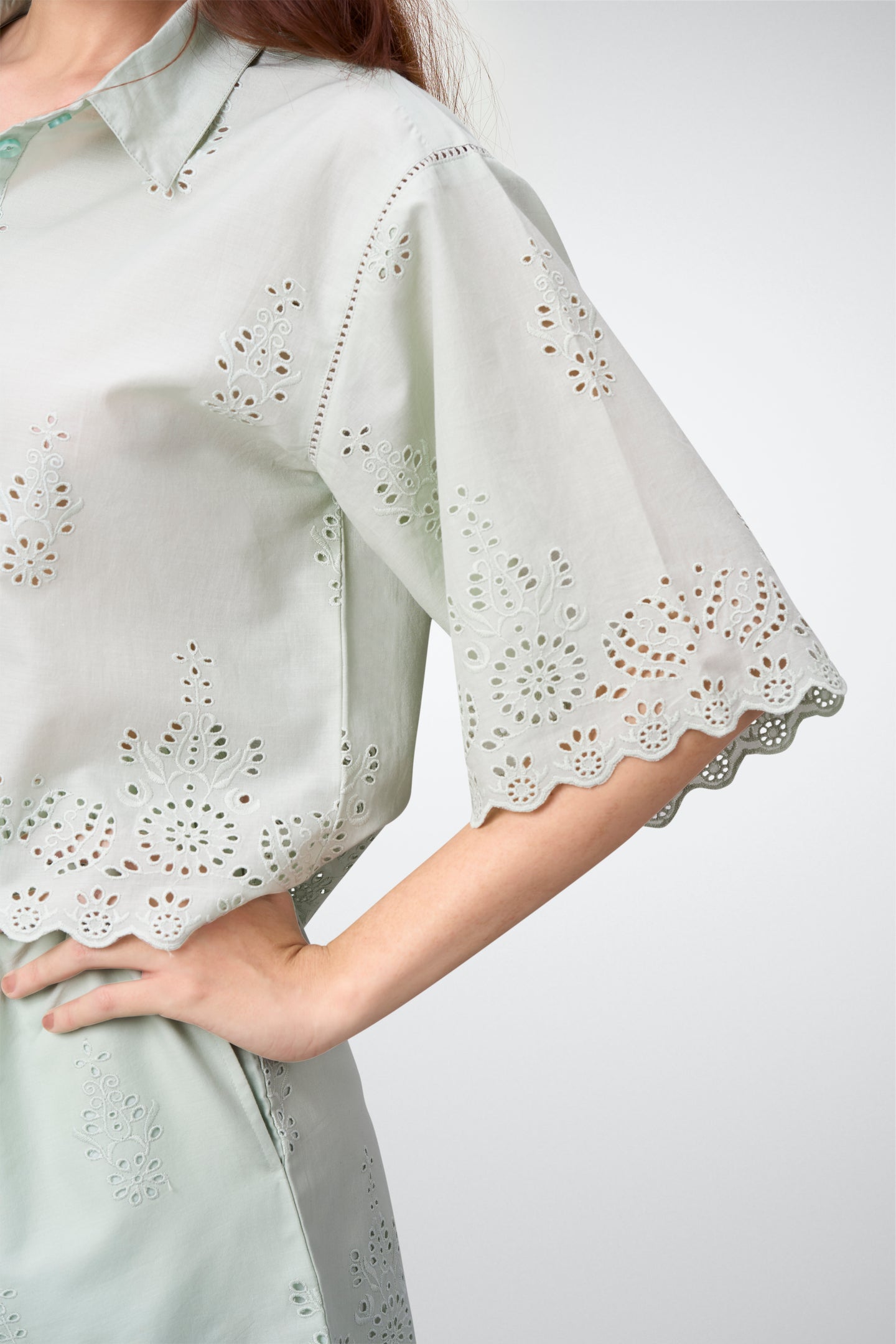 Cotton Cutwork Embroidery Scallop Sleeve Hem Green Crop Short Sleeve Shirt For Ladies Women Sleeve View | Light Green Cotton Eyelet Embroidered Crop Shirt For Women