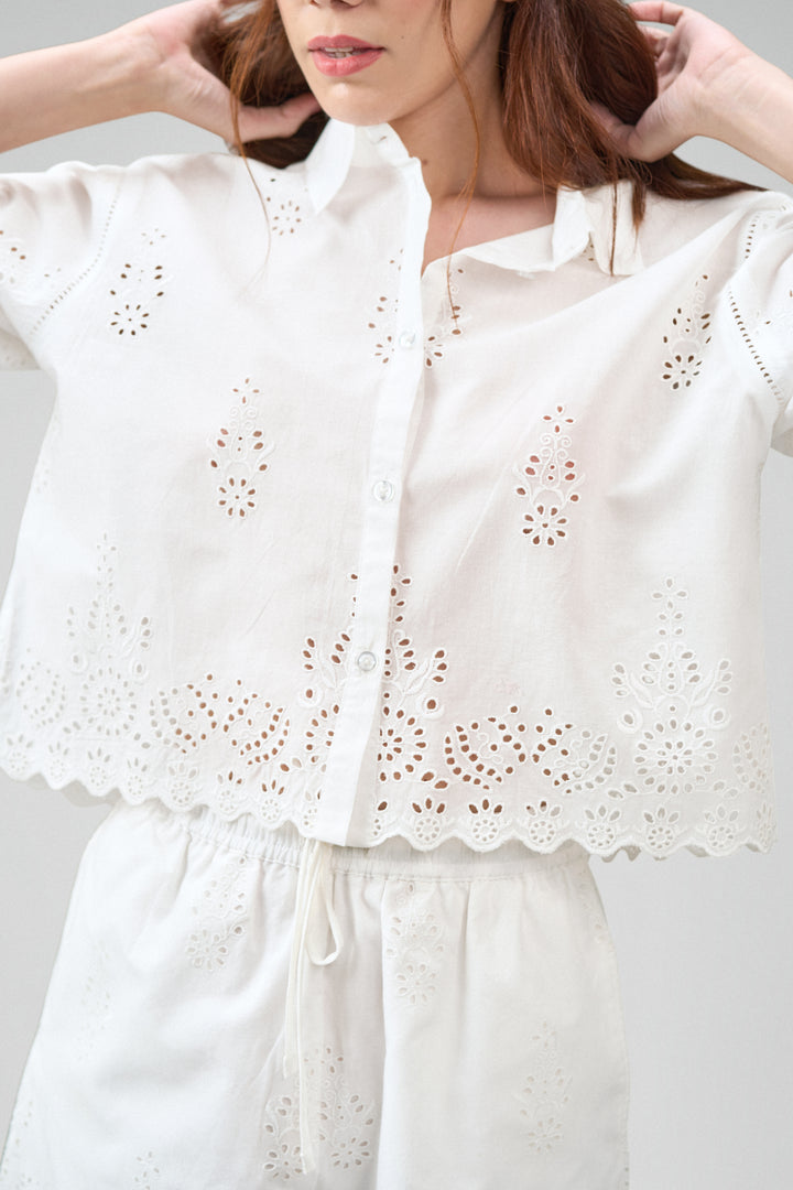 Cotton Cutwork Embroidery Scallop Sleeve Hem White Color Short Sleeve Crop Shirt For Ladies Women | White Cotton Eyelet Embroidered Crop Shirt For Women