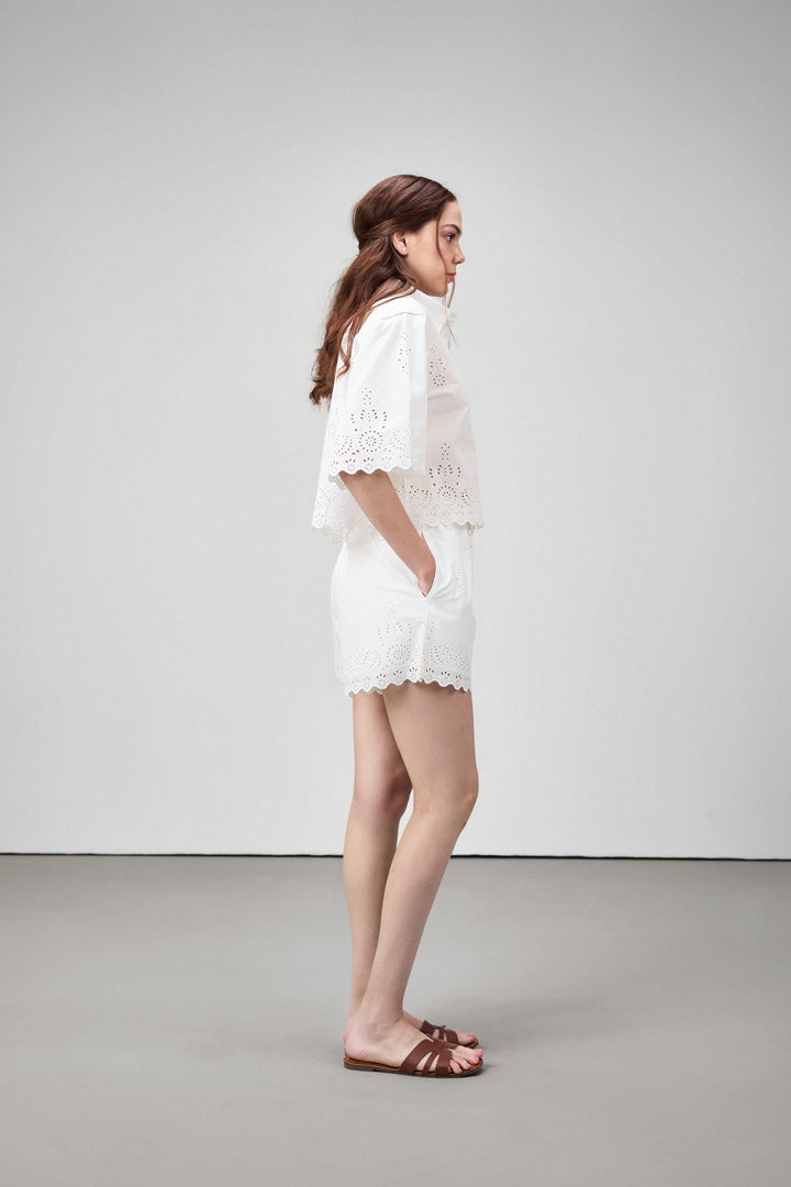 Cotton Cutwork Embroidery Scallop Sleeve Hem White Color Short Sleeve Crop Short Shirt For Ladies Women | White Cotton Eyelet Embroidered Crop Shirt For Women