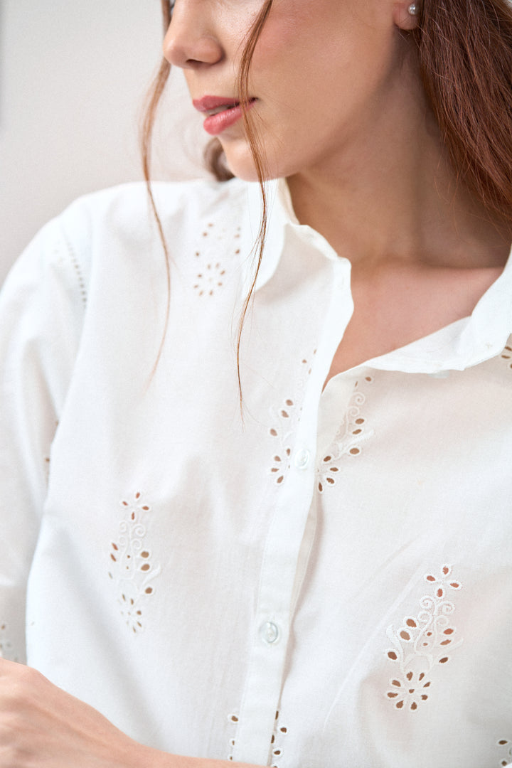 Cotton Cutwork Embroidery Scallop Sleeve Hem White Color Short Sleeve Crop Shirt For Ladies Women Model Closeup View | White Cotton Eyelet Embroidered Crop Shirt For Women