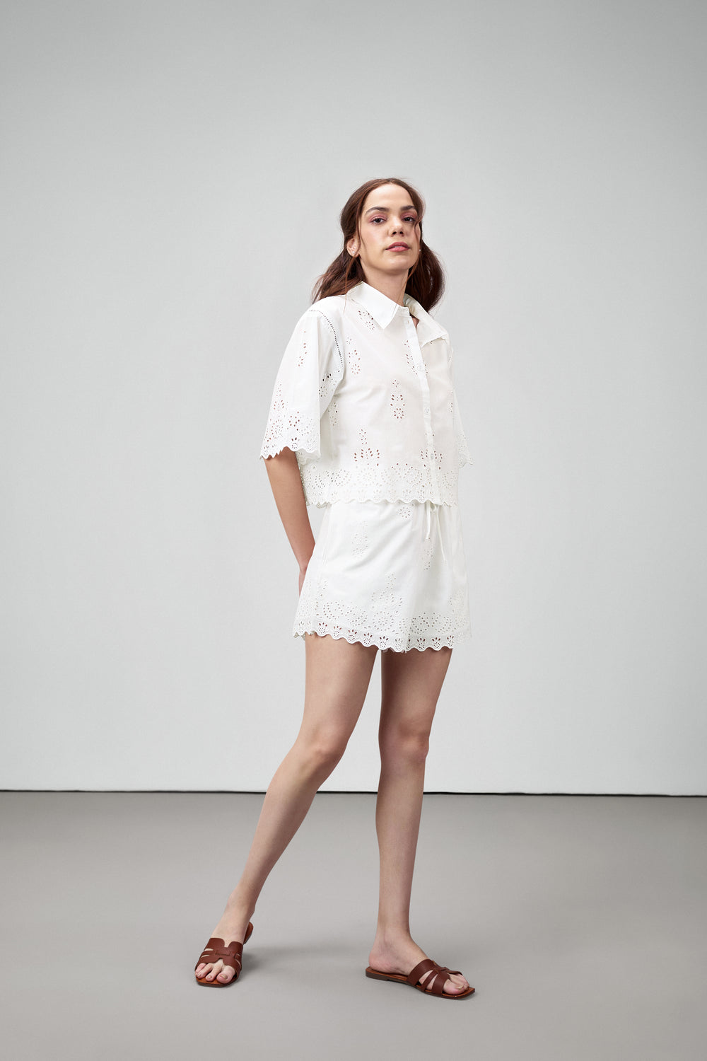 Cotton Cutwork Embroidery Scallop Sleeve Hem White Color Short Sleeve Crop Shirt For Ladies Women | White Cotton Eyelet Embroidered Crop Shirt For Women