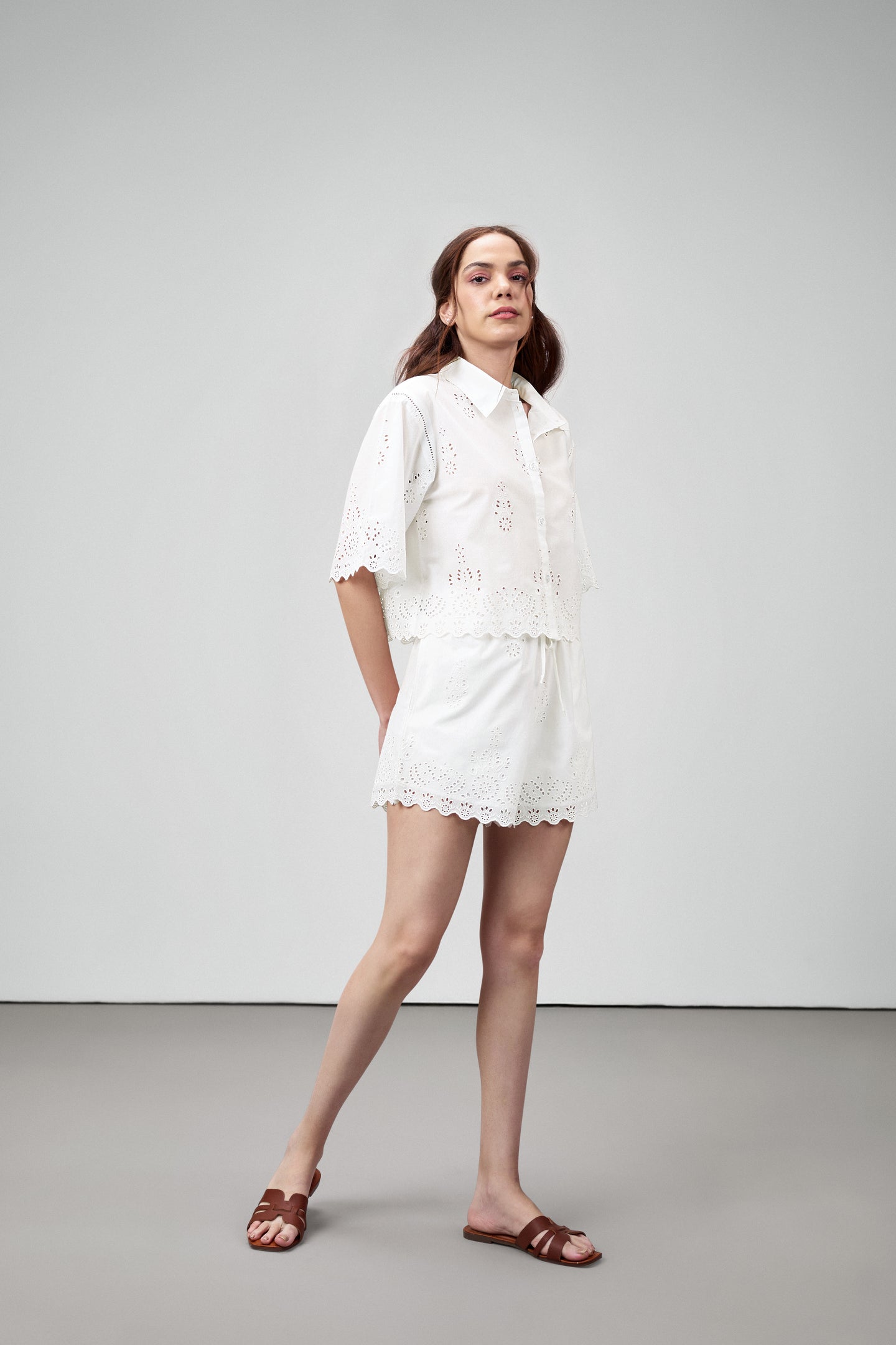 Cotton Cutwork Embroidery Scallop Sleeve Hem White Color Short Sleeve Crop Shirt For Ladies Women | White Cotton Eyelet Embroidered Crop Shirt For Women