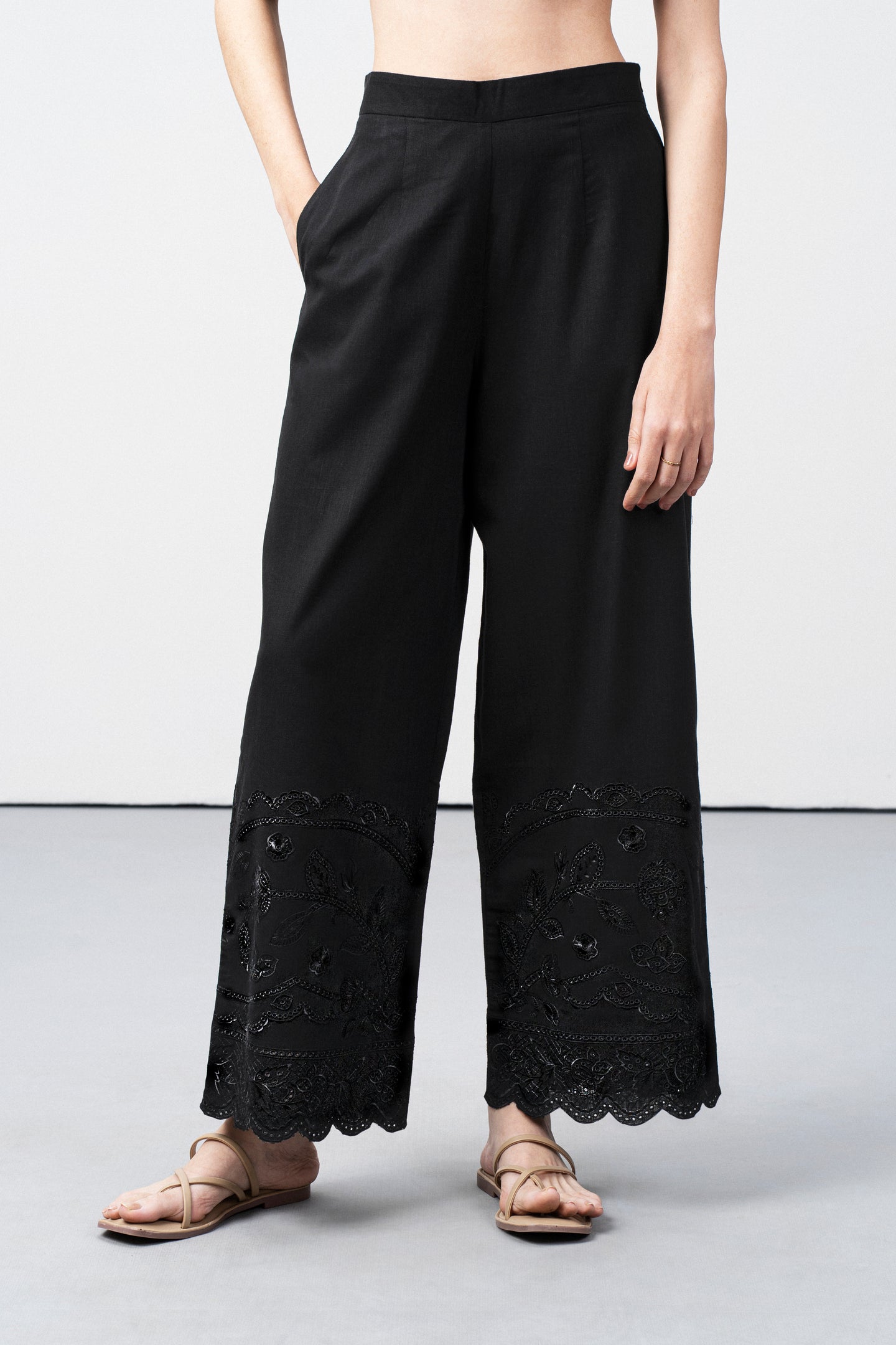 Women Pants Cutwork Embroidery Scallop Hem Elastic Waistband Black Color Trousers Front View