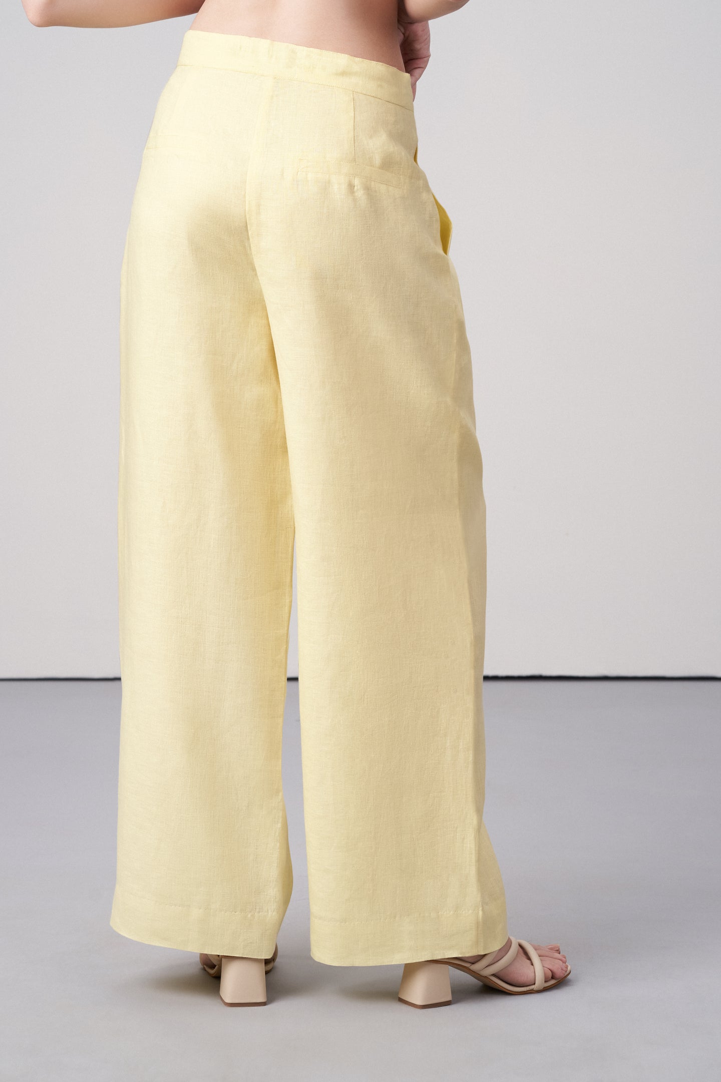 Women Pants Light Yellow 100% Linen Straight Fit Button Zip Closure Side | Pockets Suit Trousers For Ladies | Women's 100% Linen Golden Yellow Suit Trousers | Women's Pants  | Back Side View LINEN TROUSERS